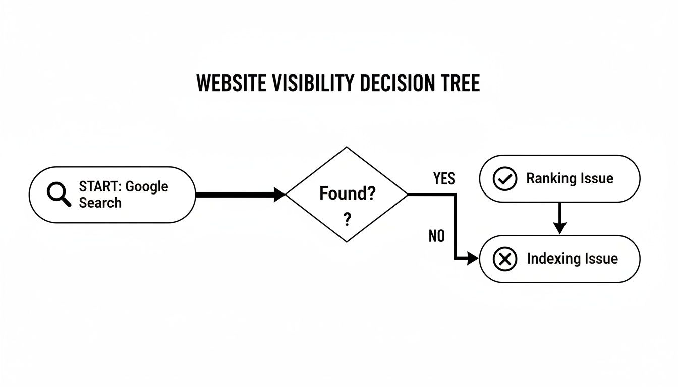Website visibility decision tree illustrating steps from Google search to identifying ranking or indexing issues.