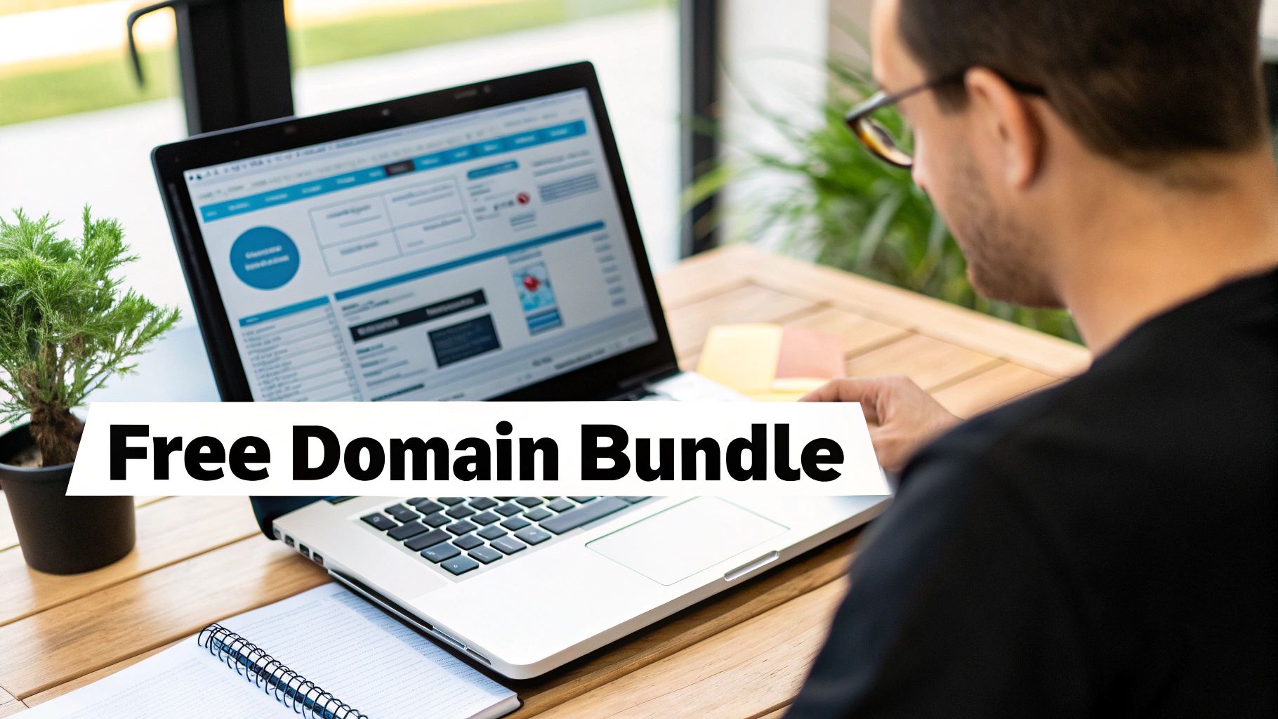A small business owner happily works on her new website, having secured a free domain name through a hosting bundle.