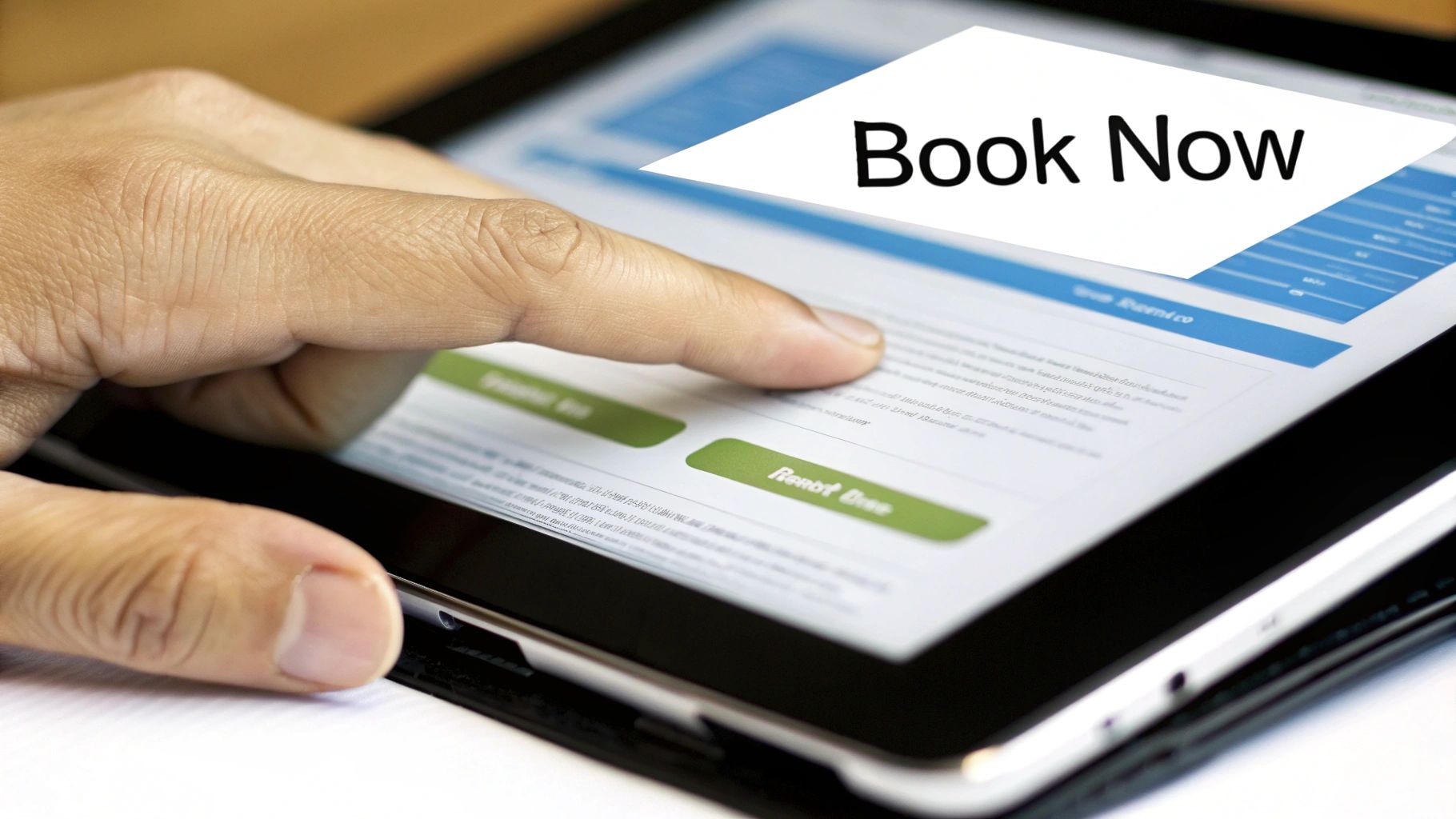Close-up of a hand tapping a tablet displaying a 'Book Now' call to action.