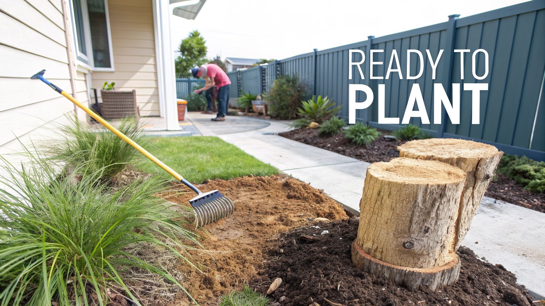 A garden area being prepared for planting, featuring new soil, a rake, and tree stumps.