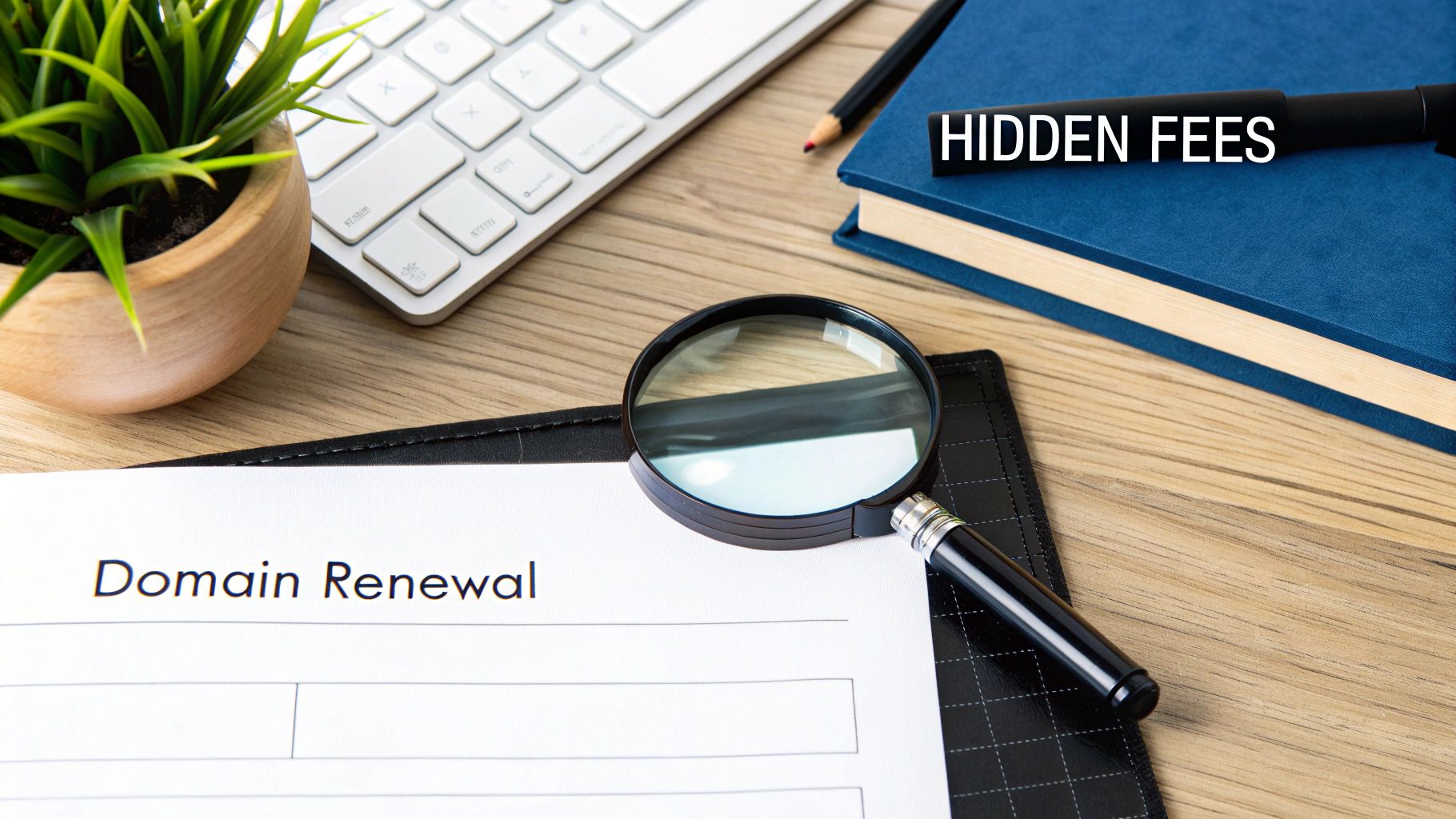 Desk with 'Domain Renewal' form, magnifying glass, a keyboard, and 'Hidden Fees' label on a book.