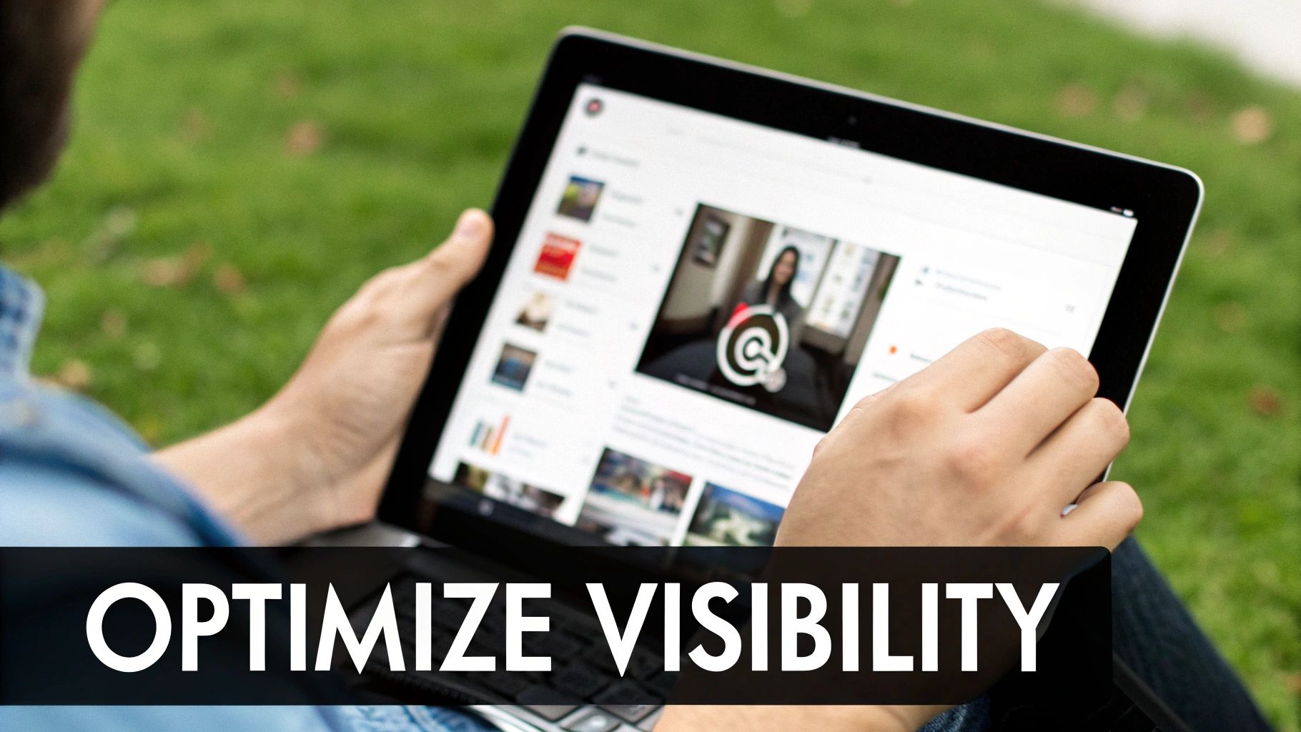 Person using tablet to watch video content and optimize social media visibility outdoors