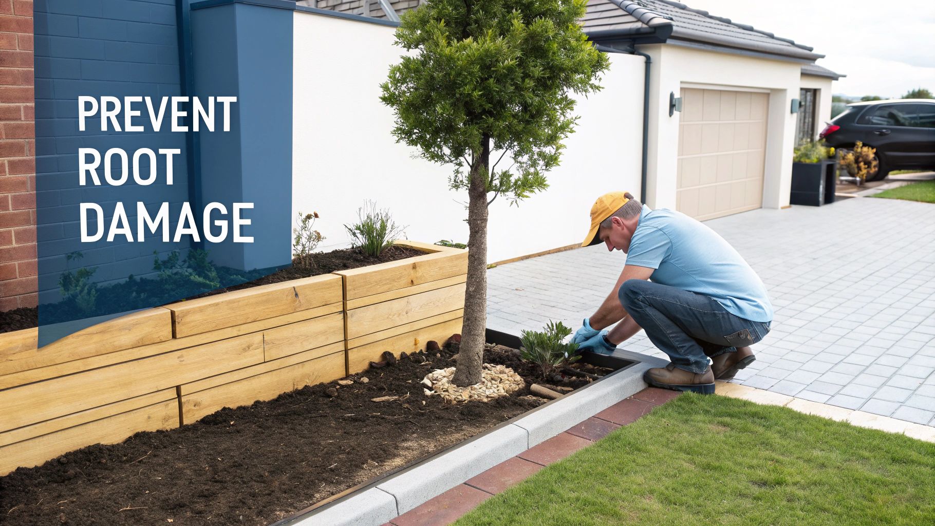A man plants shrubs in a garden bed next to a young tree and raised wooden planter, preventing root damage.
