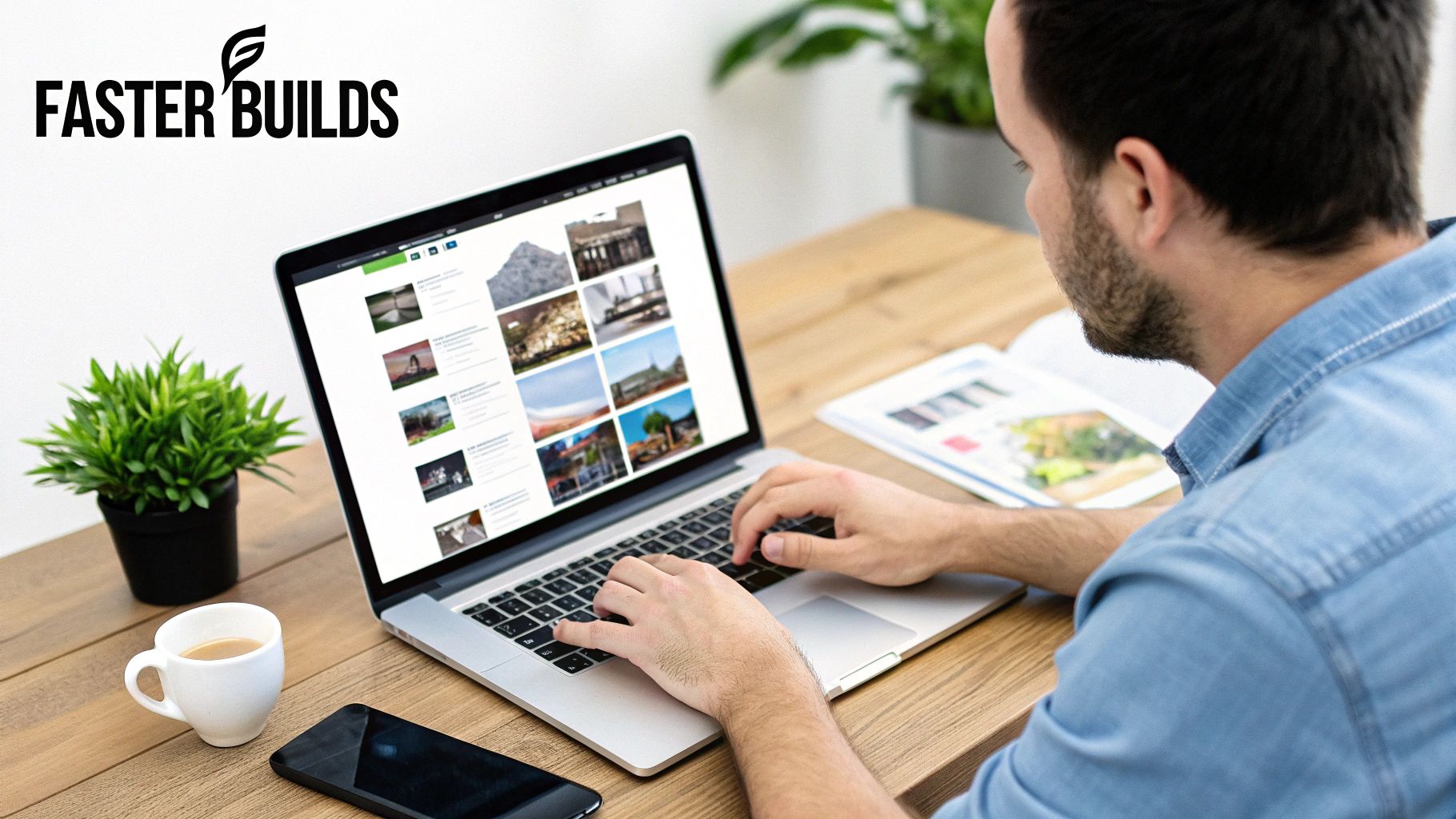 Man typing on a laptop displaying a gallery of images, with coffee and a plant on a wooden desk.
