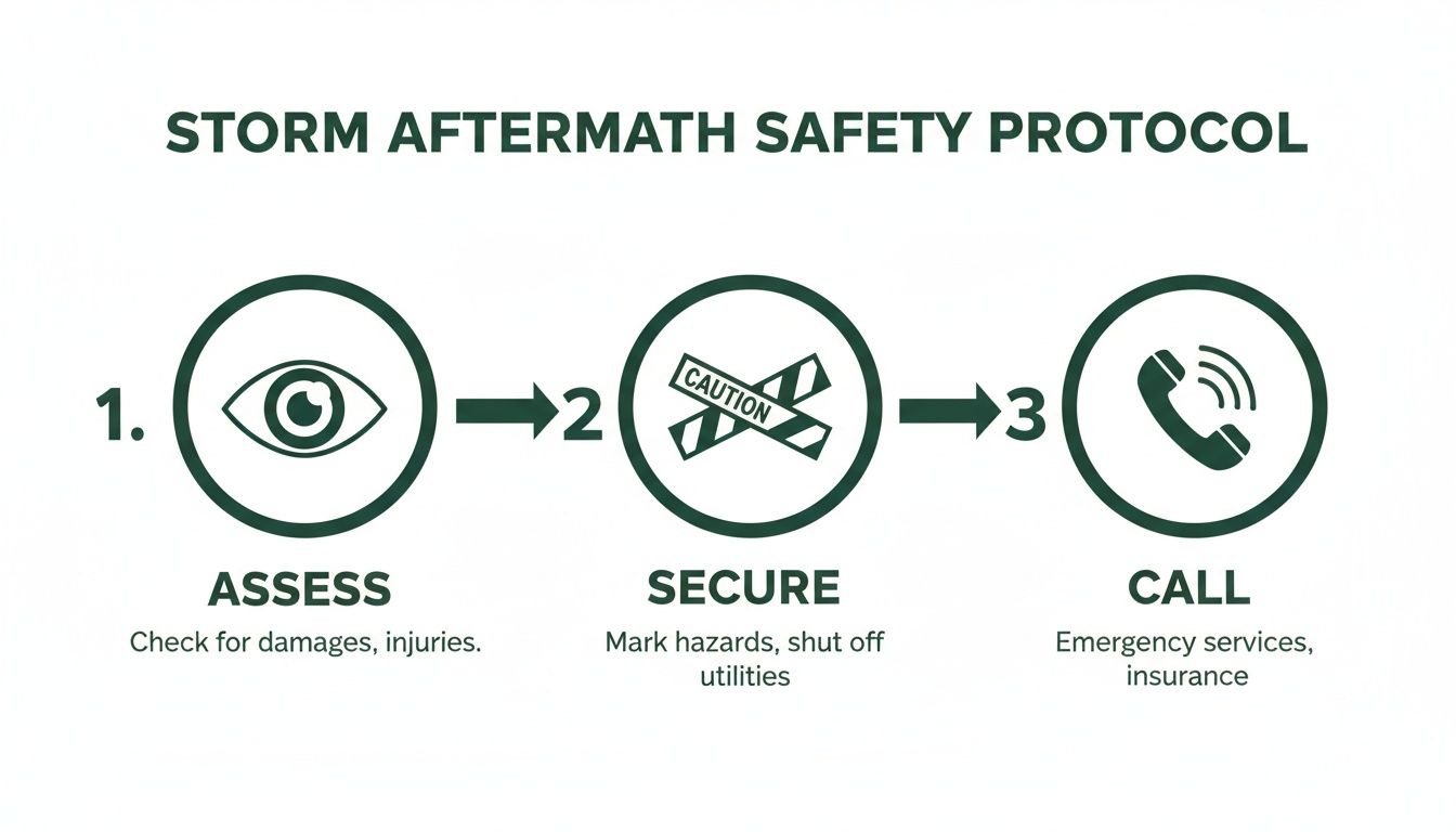 Infographic showing a three-step storm aftermath safety protocol: Assess, Secure, and Call.