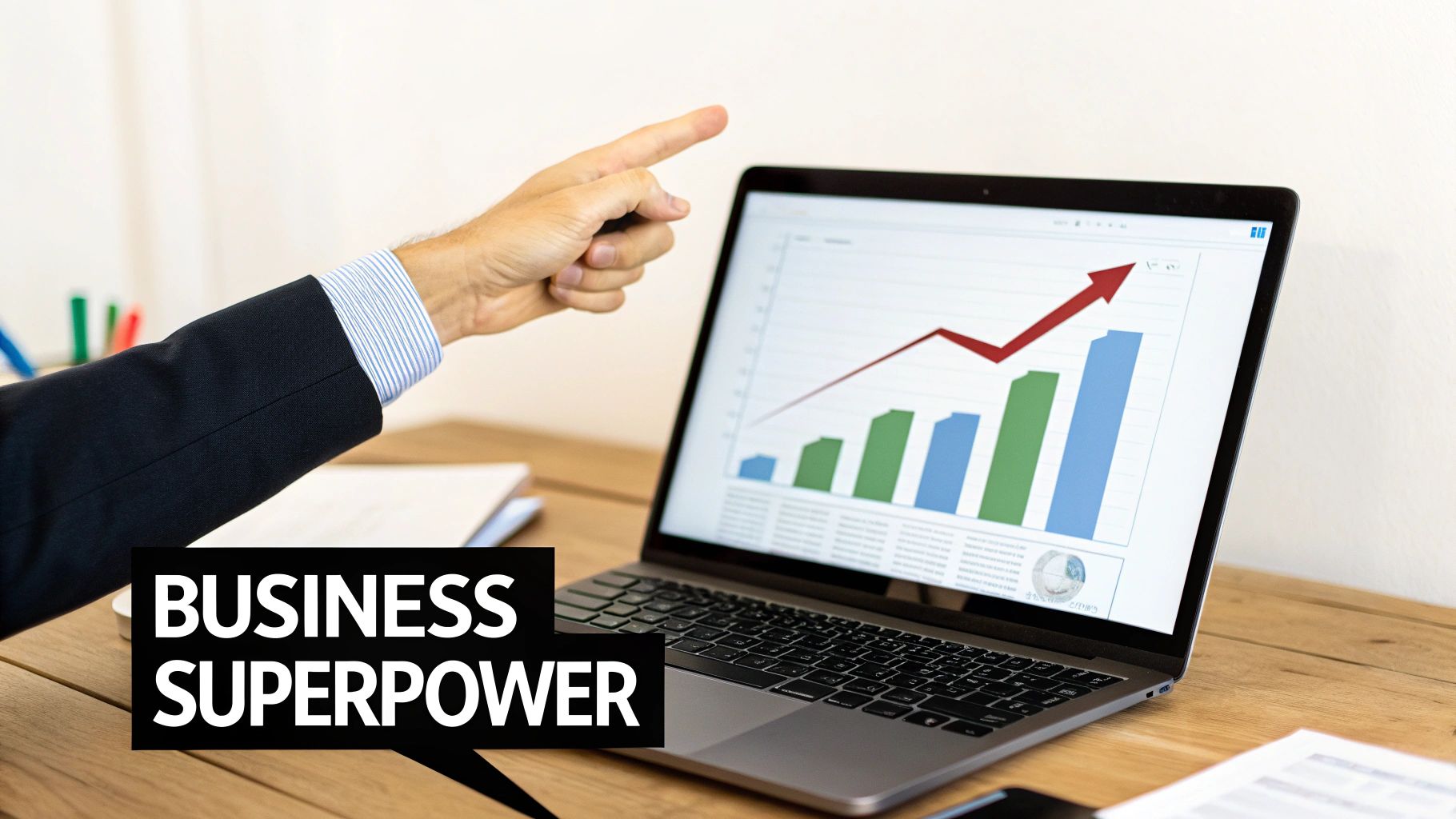 A man in a suit points to a laptop displaying a rising business growth graph. Text reads 'BUSINESS SUPERPOWER'.