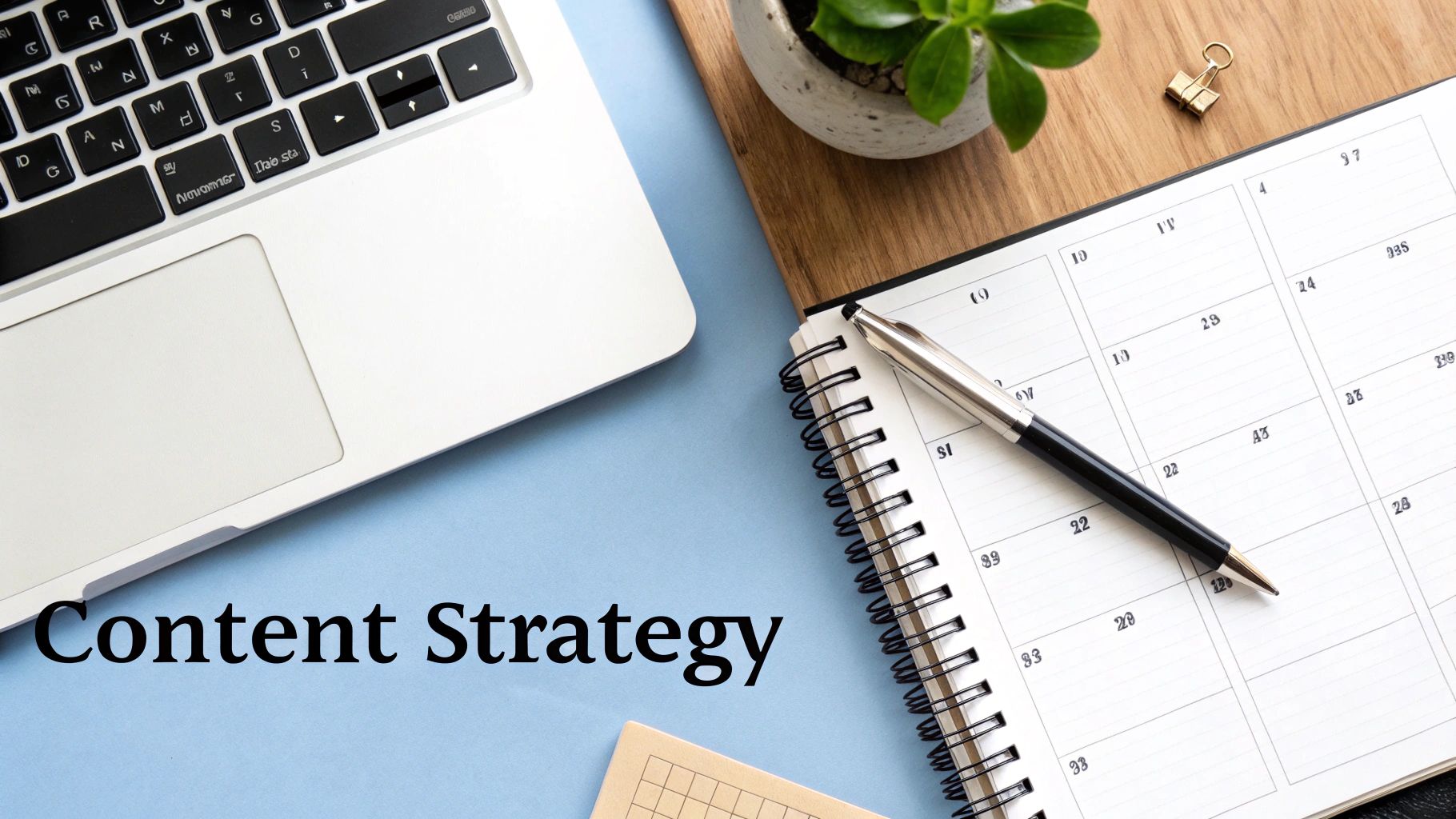 Overhead view of a desk with laptop, planner, pen, and plant on a blue background, displaying 'Content Strategy'.