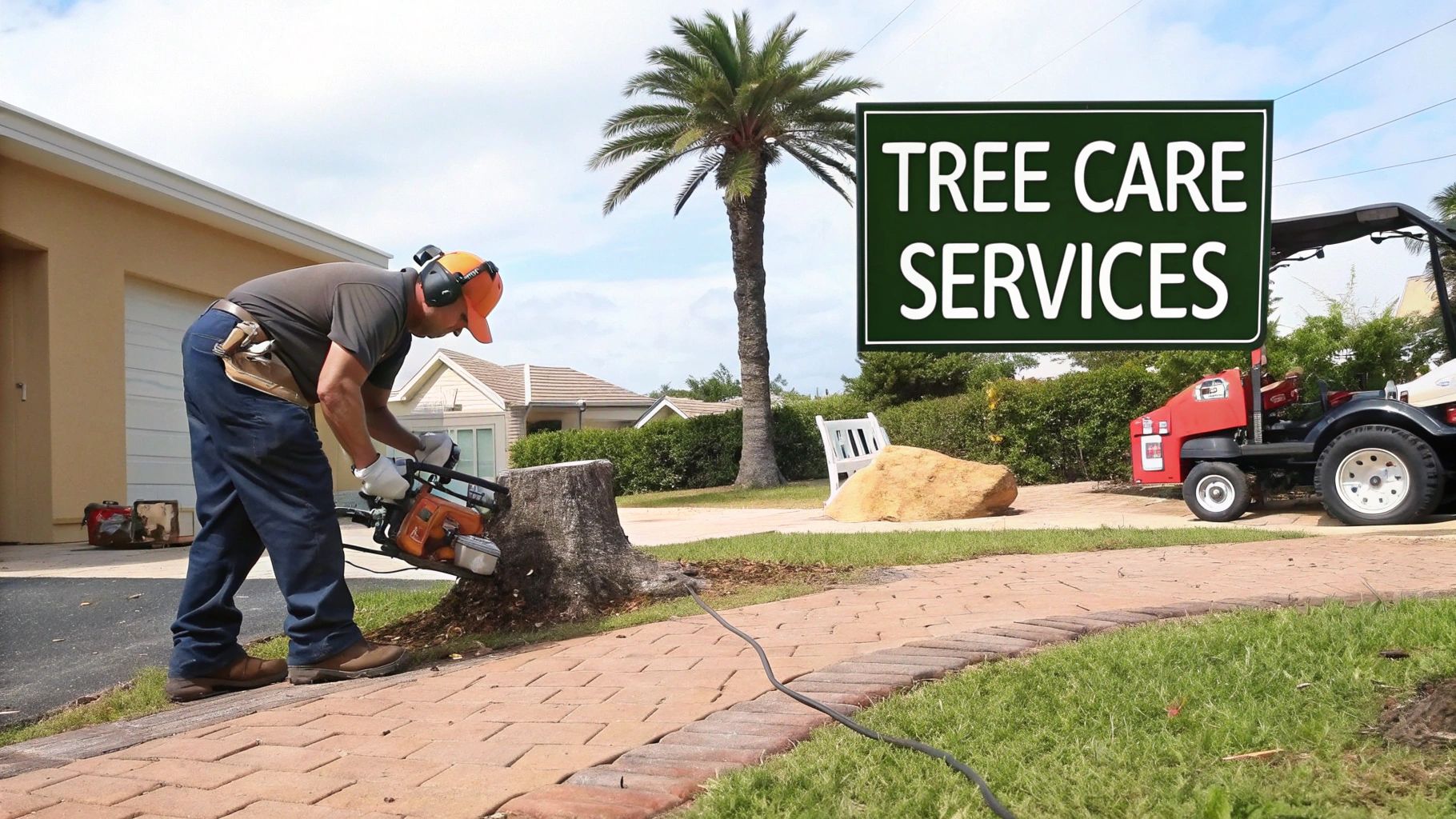 Man safely operating a stump grinder to remove a tree stump in a residential yard. A "TREE CARE SERVICES" sign is visible.
