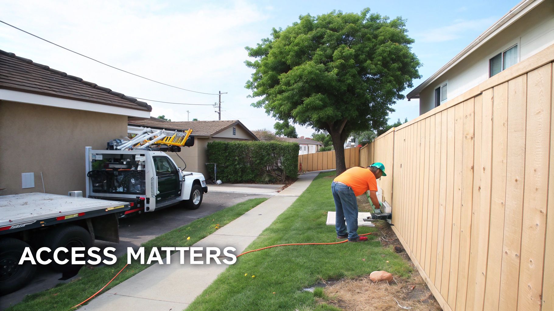A professional arborist carefully pruning a tree with complex access near a home.