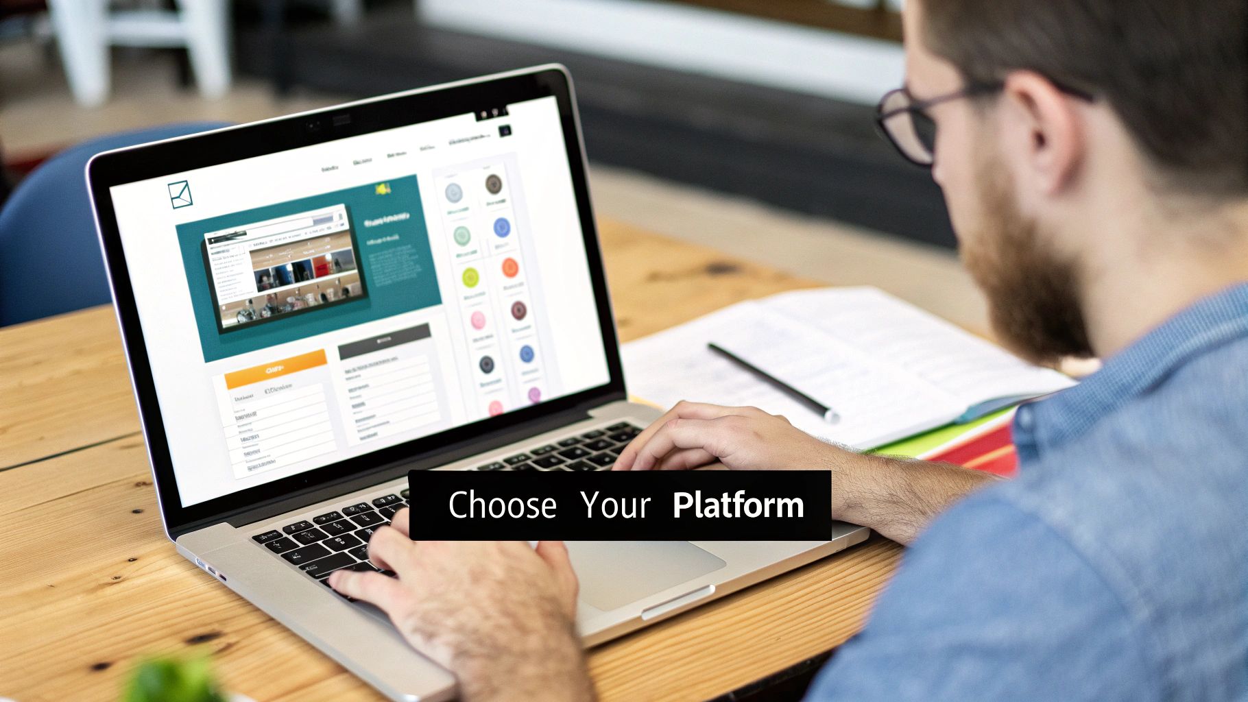 Man working on a laptop with a website open. Text overlay: "Choose Your Platform." Notebook and pen in the background on the desk.