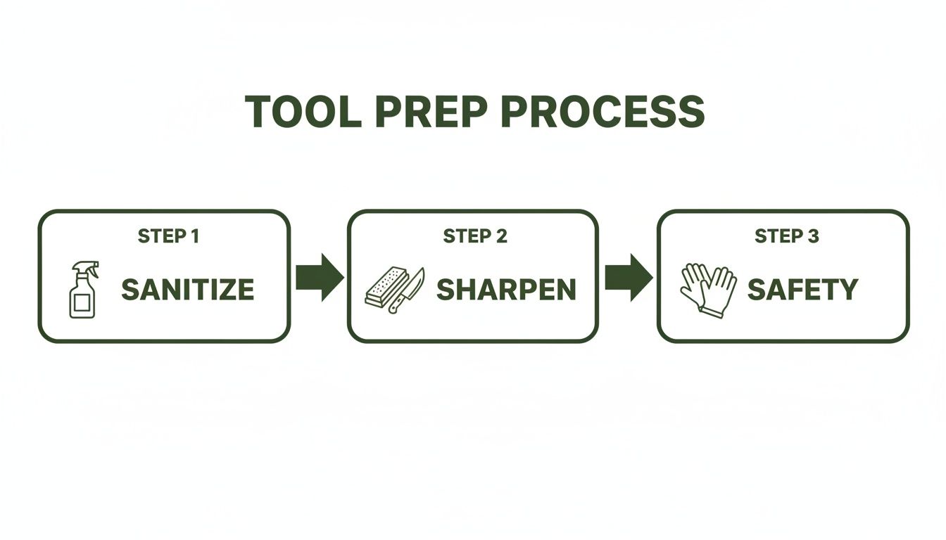 A three-step tool preparation process diagram showing sanitize, sharpen, and safety steps with icons.