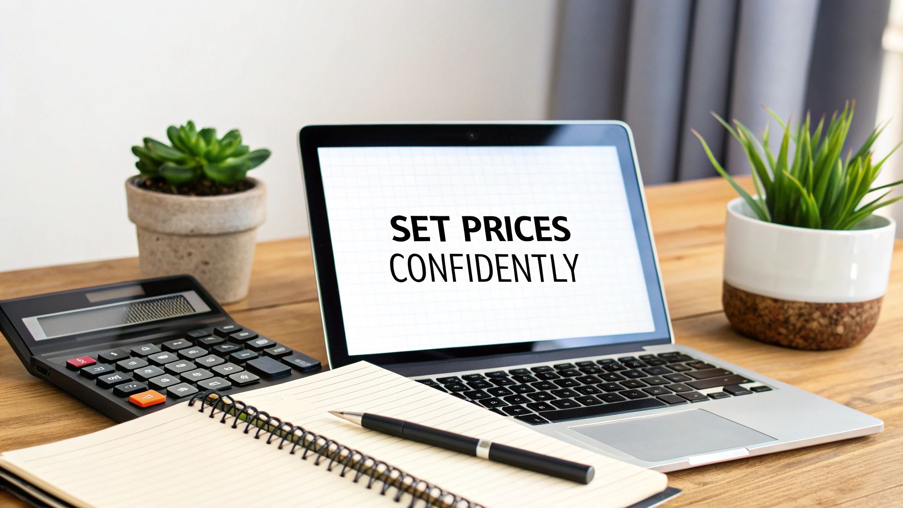 A laptop displaying 'SET PRICES CONFIDENTLY' on a wooden desk with a calculator, notebook, and plants.