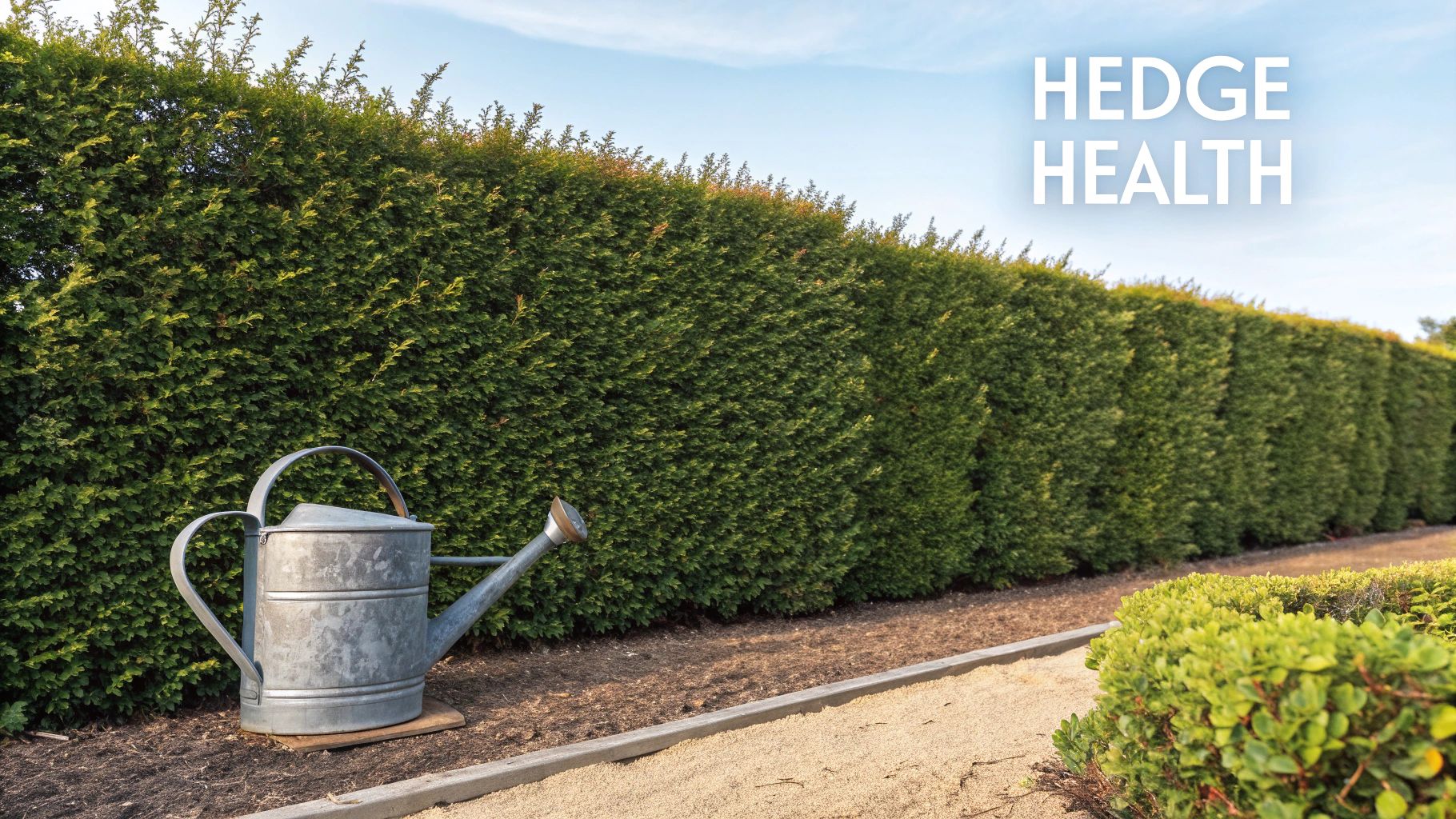 A metal watering can sits on the ground near a lush green hedge under a clear sky. Text reads "HEDGE HEALTH."