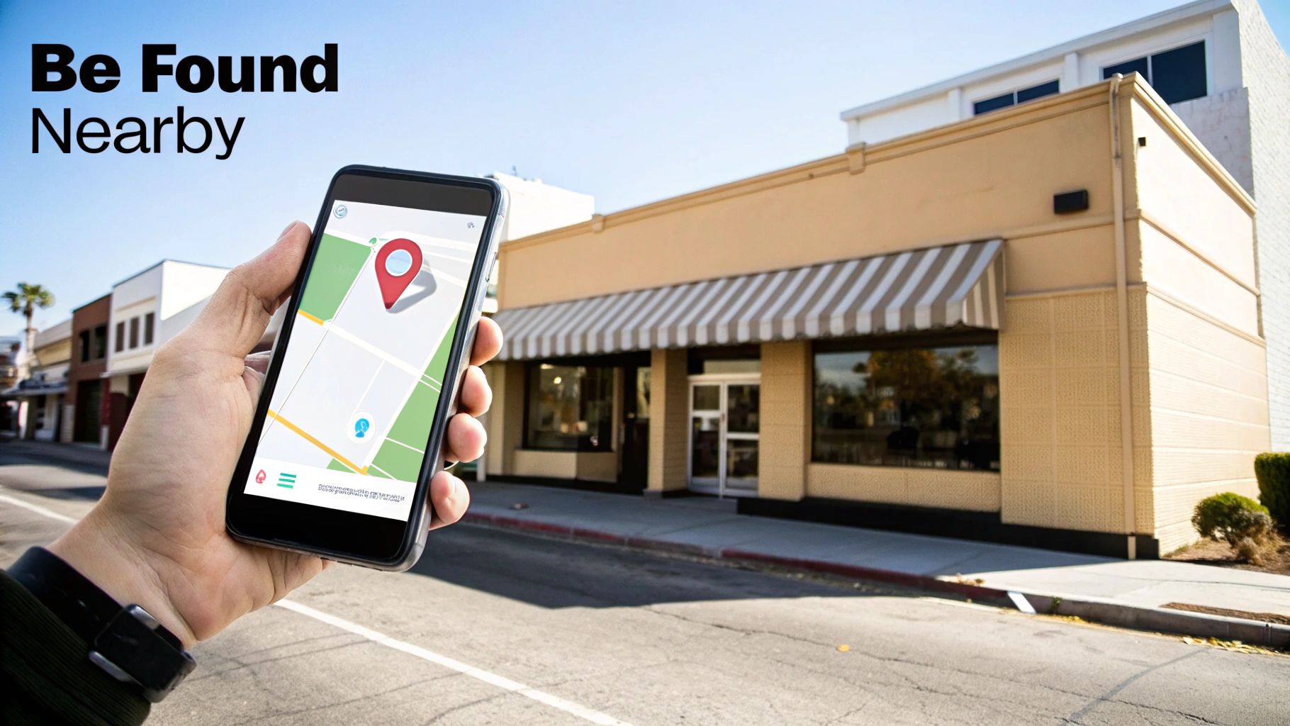 A hand holds a smartphone displaying a map with a red location pin, against a street and buildings.