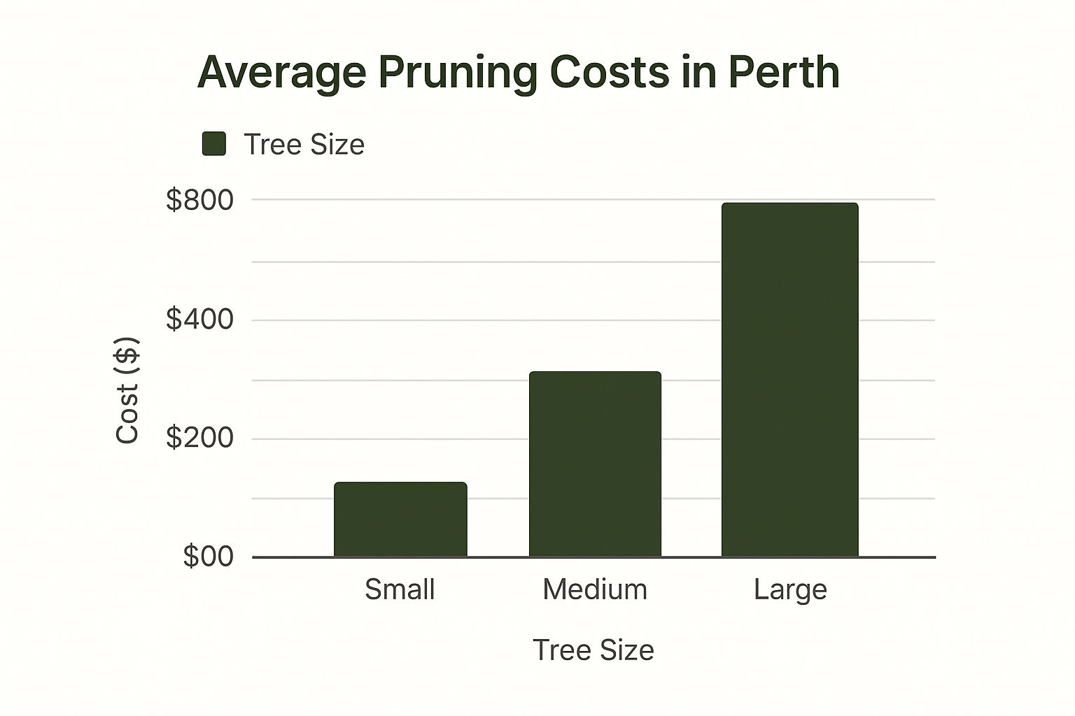 Bar chart titled "Average Pruning Costs in Perth" showing costs: Small $200, Medium $400, Large $800. Dark green bars on a white background.