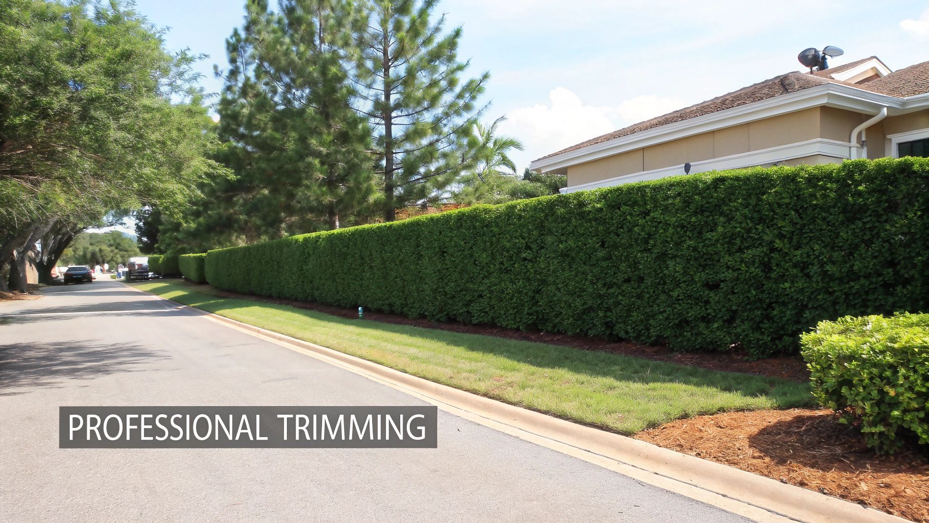 Neatly trimmed green hedges line a suburban roadside under a clear blue sky. Text reads "PROFESSIONAL TRIMMING".