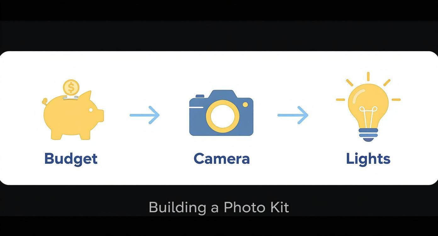 Three stage process showing budget piggy bank, camera equipment, and lighting for building photography kit