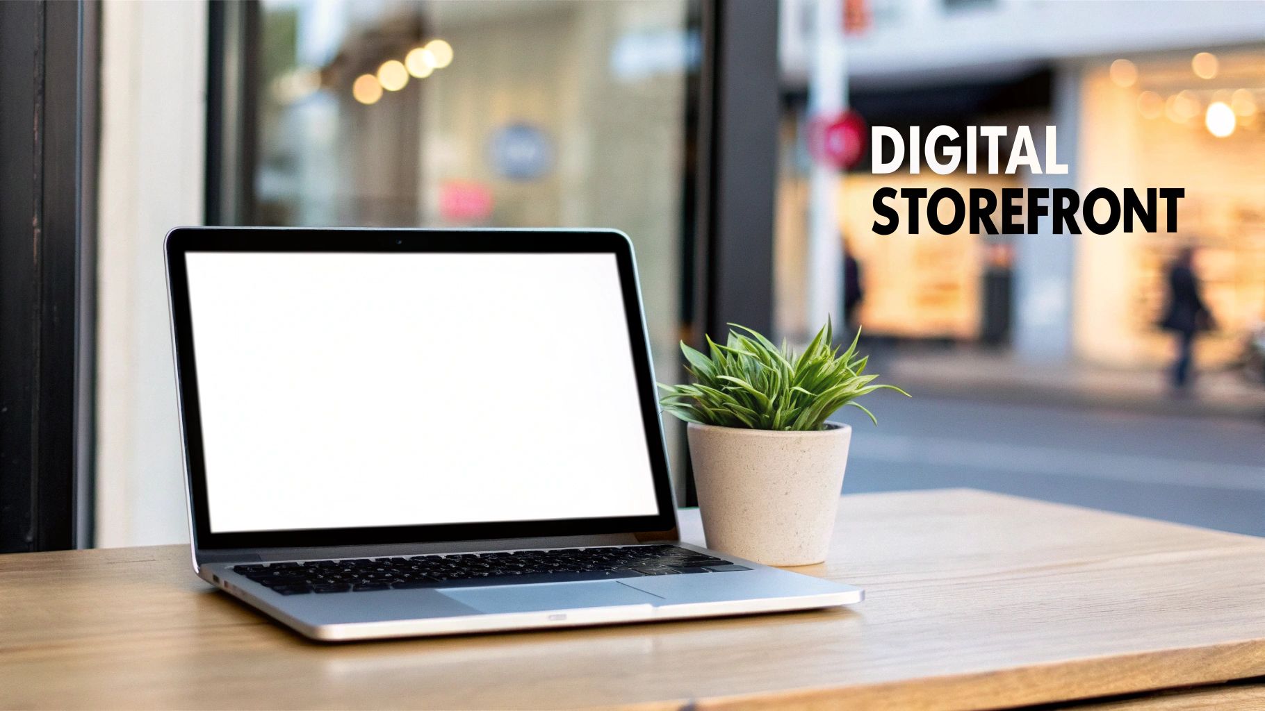 Laptop with blank screen and a plant on a wooden table, featuring "DIGITAL STOREFRONT" overlay.