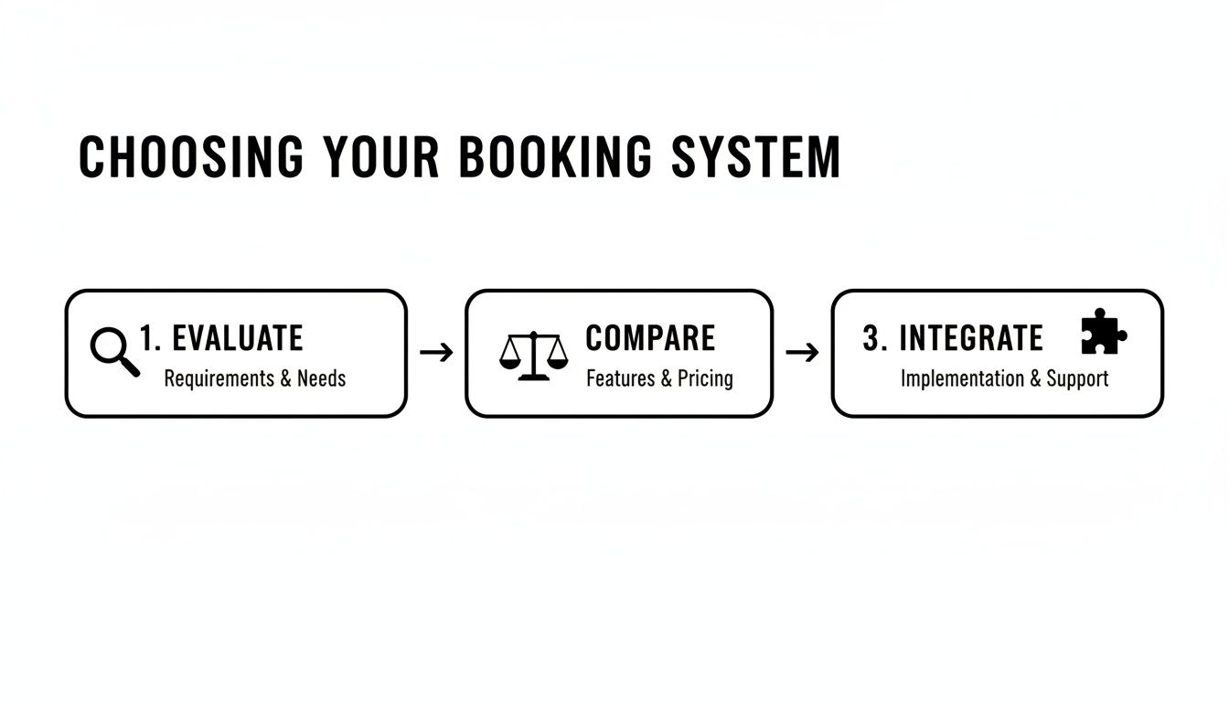A flowchart illustrating three steps to choose a booking system: evaluate requirements, compare features, and integrate.