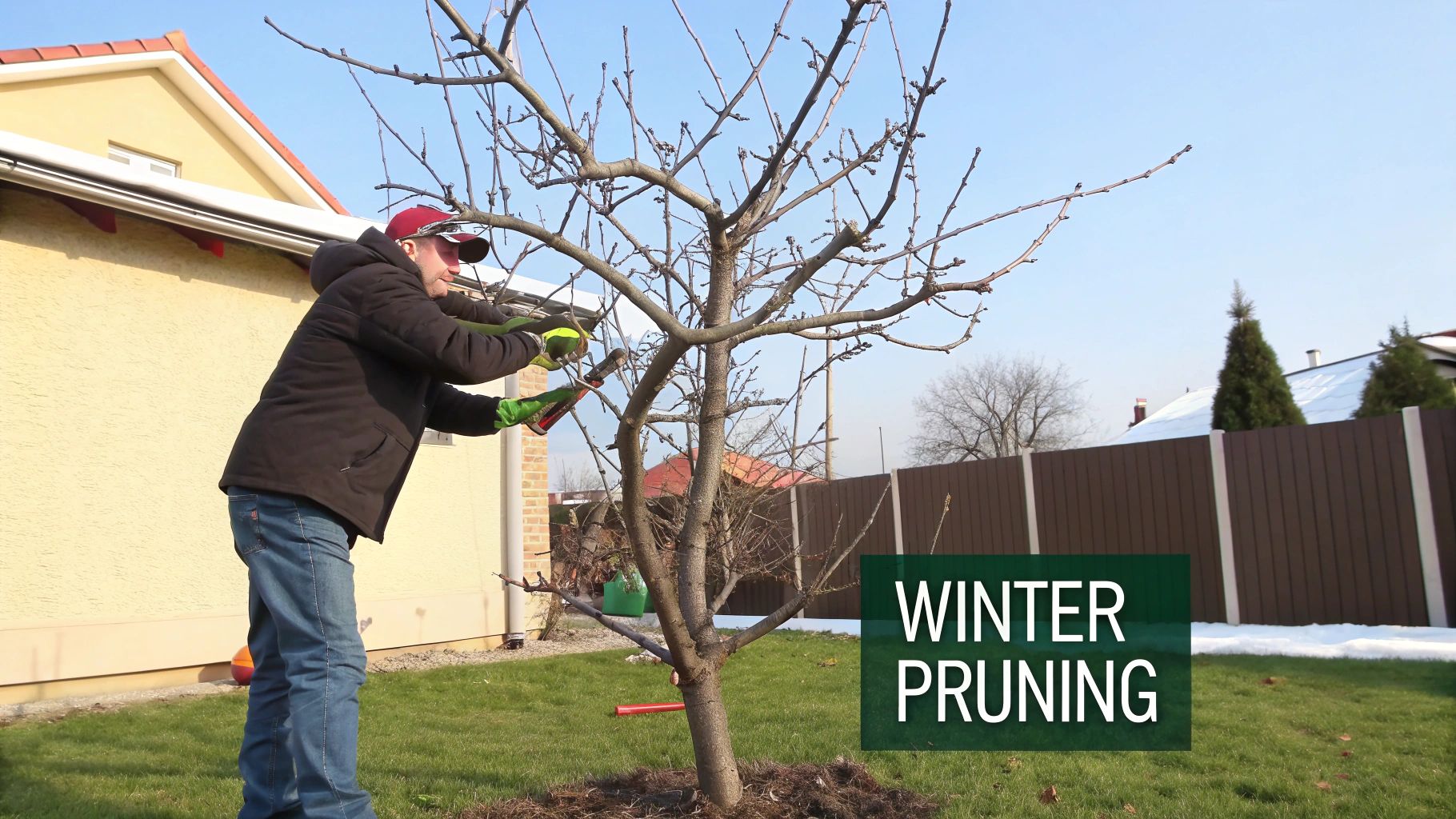 A man in a winter jacket and red cap prunes a bare apple tree in a sunny backyard.