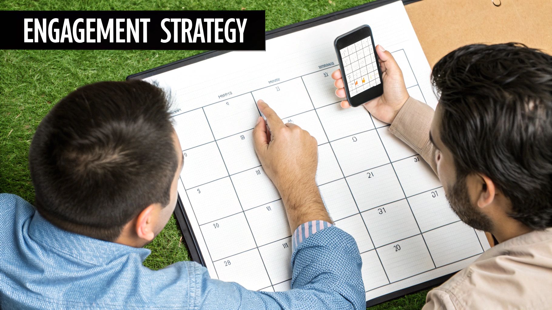 Two professionals planning engagement strategy with calendar and mobile device on grass