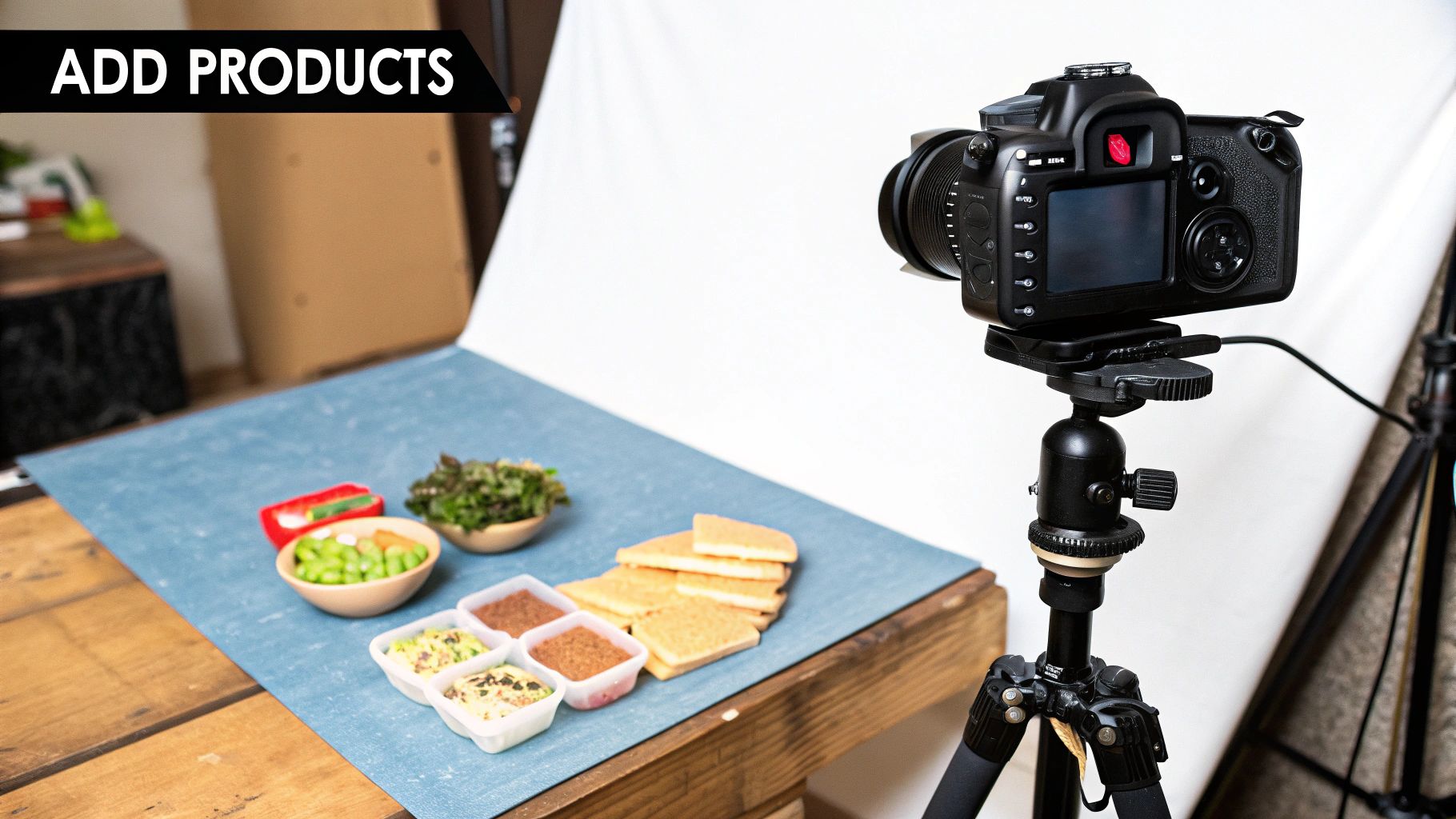 Camera on tripod capturing food items on a table with blue mat; text reads "ADD PRODUCTS." Bright, organized setup.