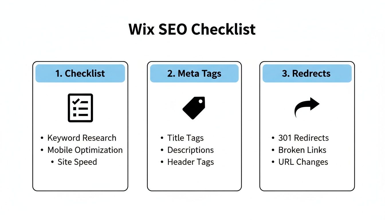 A visual checklist outlining key Wix SEO steps, including keyword research, meta tags, and redirects.