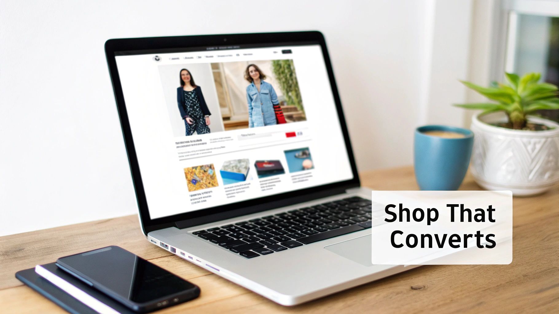 Laptop on desk displaying an online shop webpage. Nearby are a phone, notebook, coffee cup, and plant. Text reads "Shop That Converts".