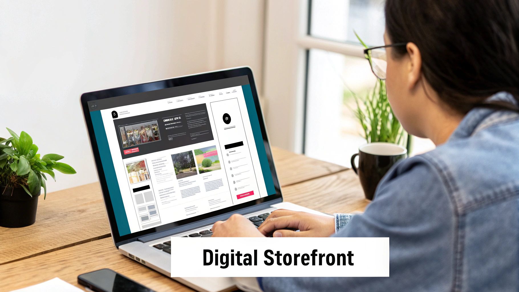 Person using a laptop with a digital storefront displayed. Indoor setting with plants and a mug. Text reads "Digital Storefront."