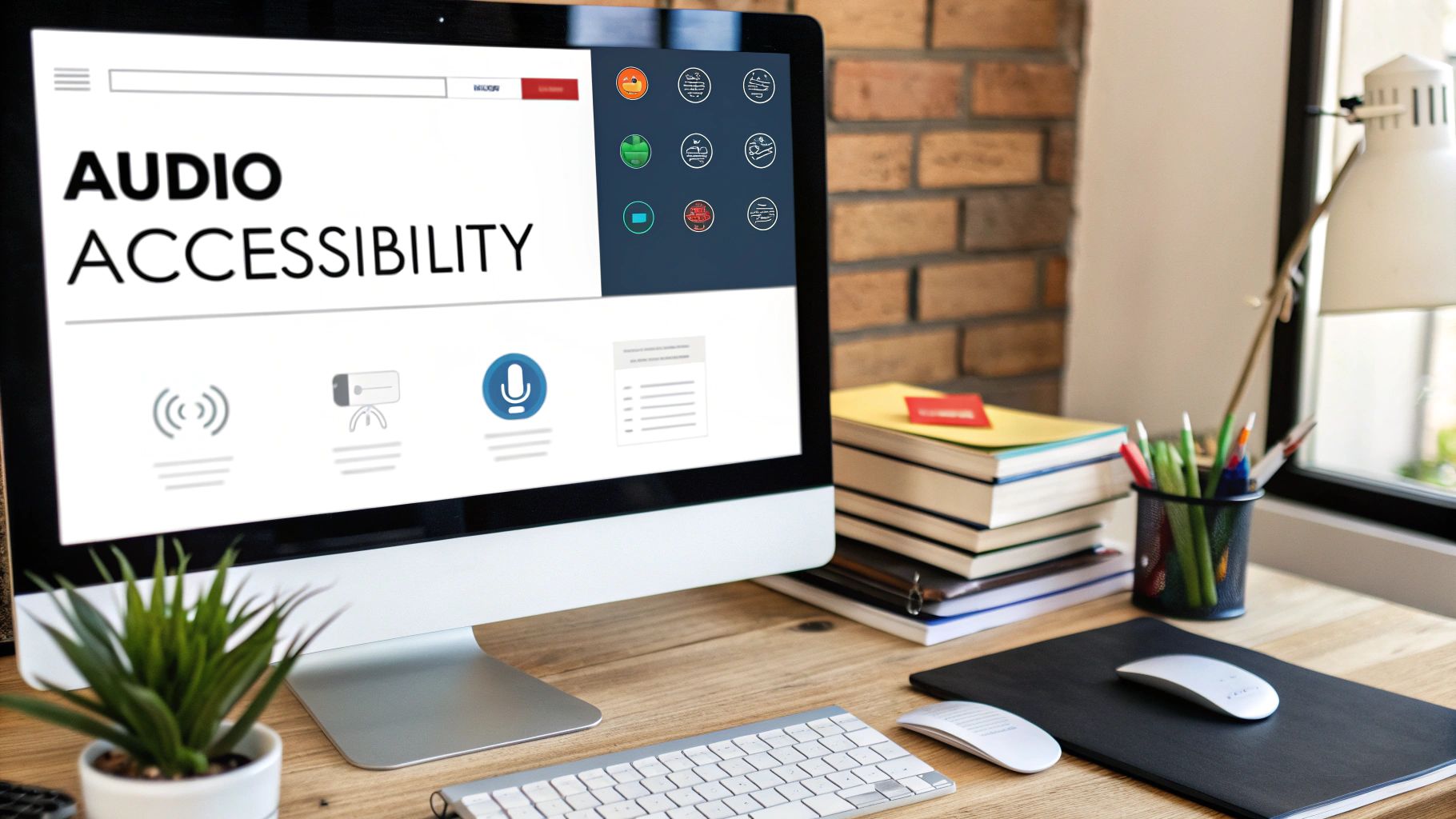 Modern office desk with a computer displaying 'AUDIO ACCESSIBILITY' website and related icons.
