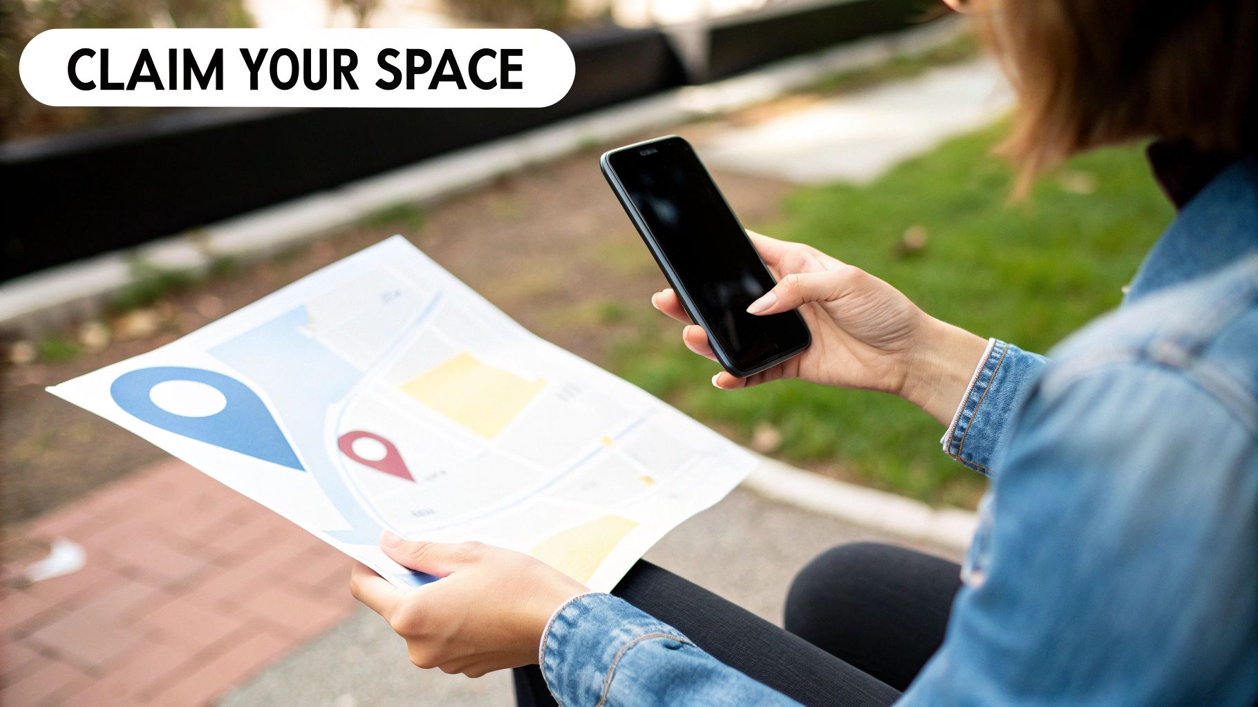 A person using a laptop to set up their Google Business Profile, with icons for address, phone, and hours overlaid.