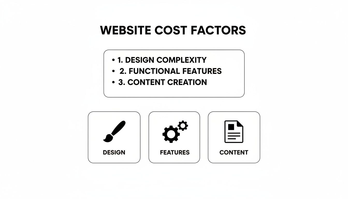 An infographic listing website cost factors: design complexity, functional features, and content creation with icons.