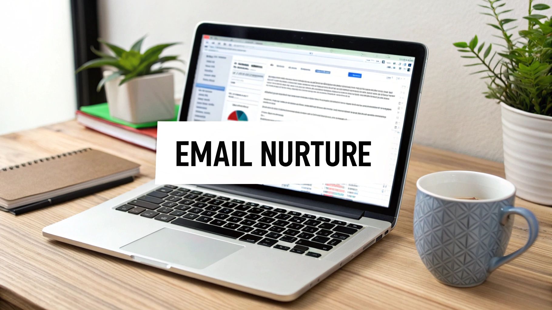 A laptop displaying an email interface with 'EMAIL NURTURE' text overlay on a wooden desk with coffee and plants.