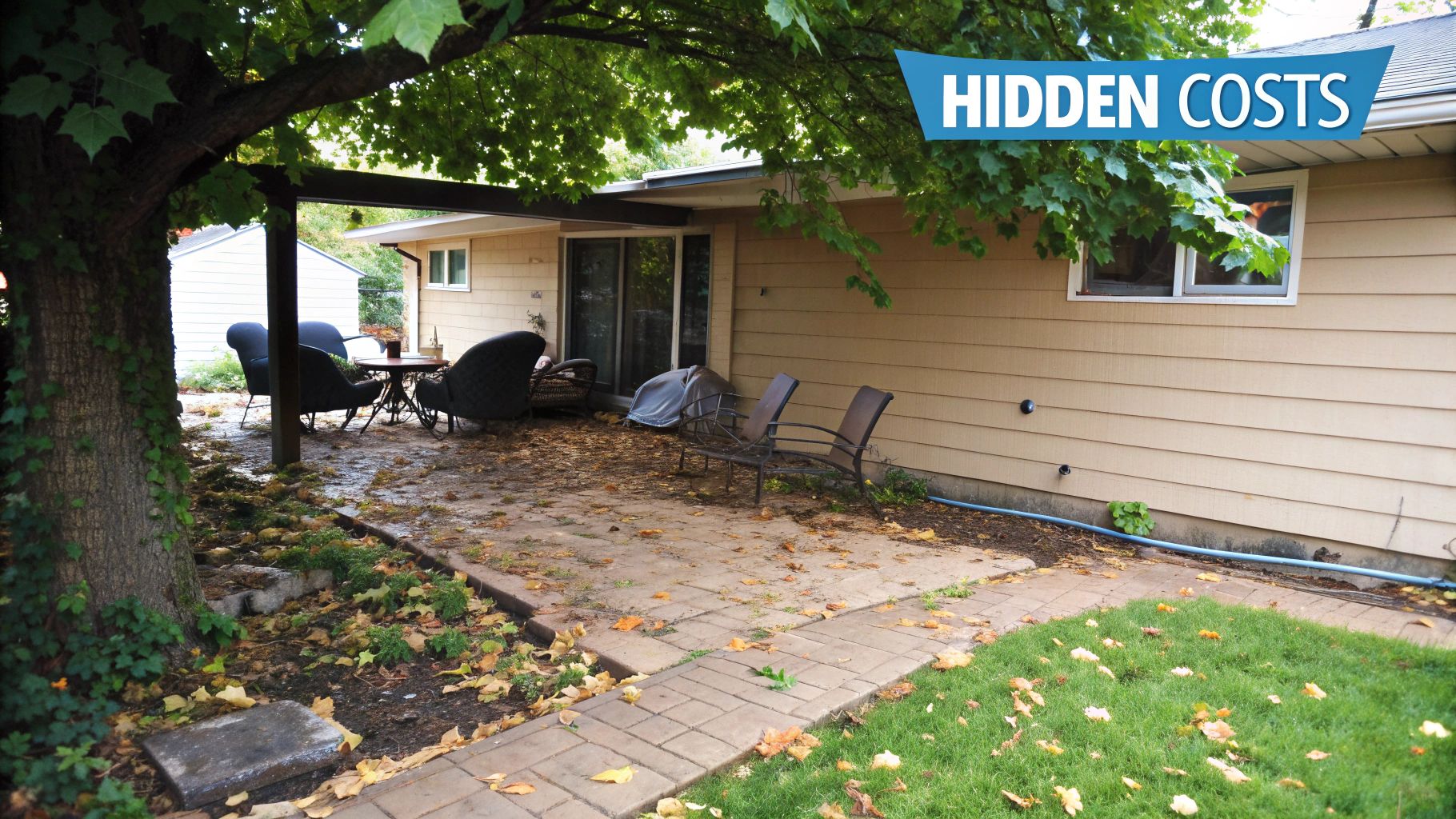 Patio with fallen leaves, surrounded by green trees. Empty chairs and table under tree shade. "HIDDEN COSTS" text in top corner.