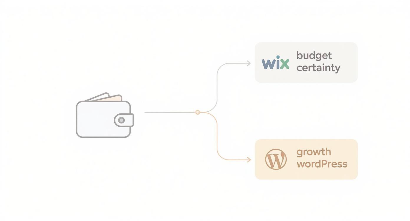 Diagram showing a wallet choosing between Wix for budget certainty and WordPress for growth.