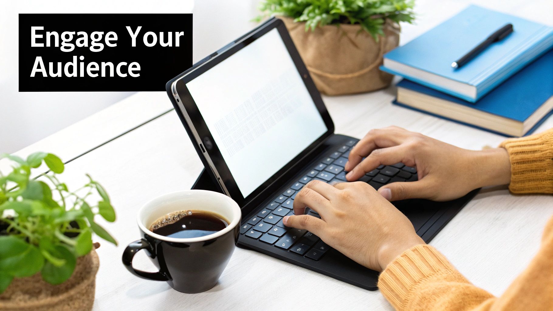 Hands type on a tablet with a keyboard, surrounded by plants, a coffee cup, and books. Text: Engage Your Audience. Bright, productive mood.