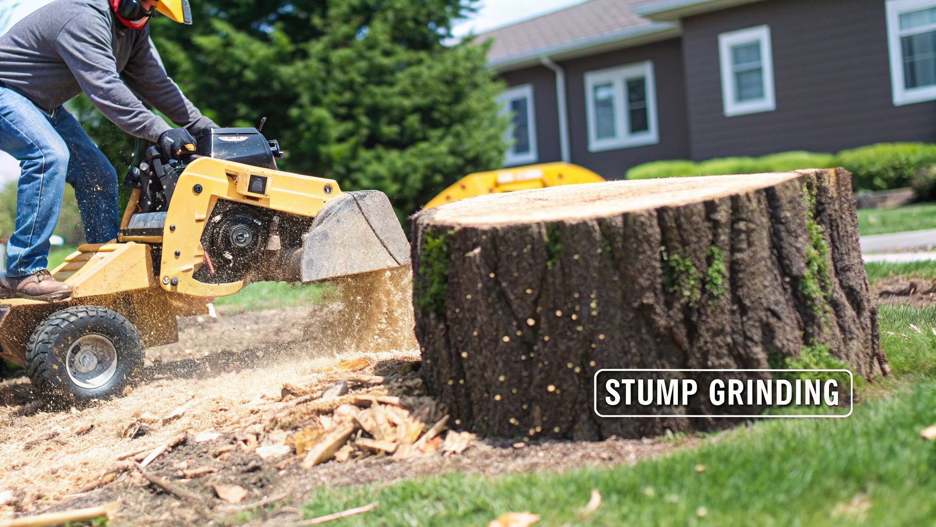 Worker in jeans and helmet uses a yellow stump grinder on a large tree stump. Green lawn and house in background. Text reads "STUMP GRINDING".