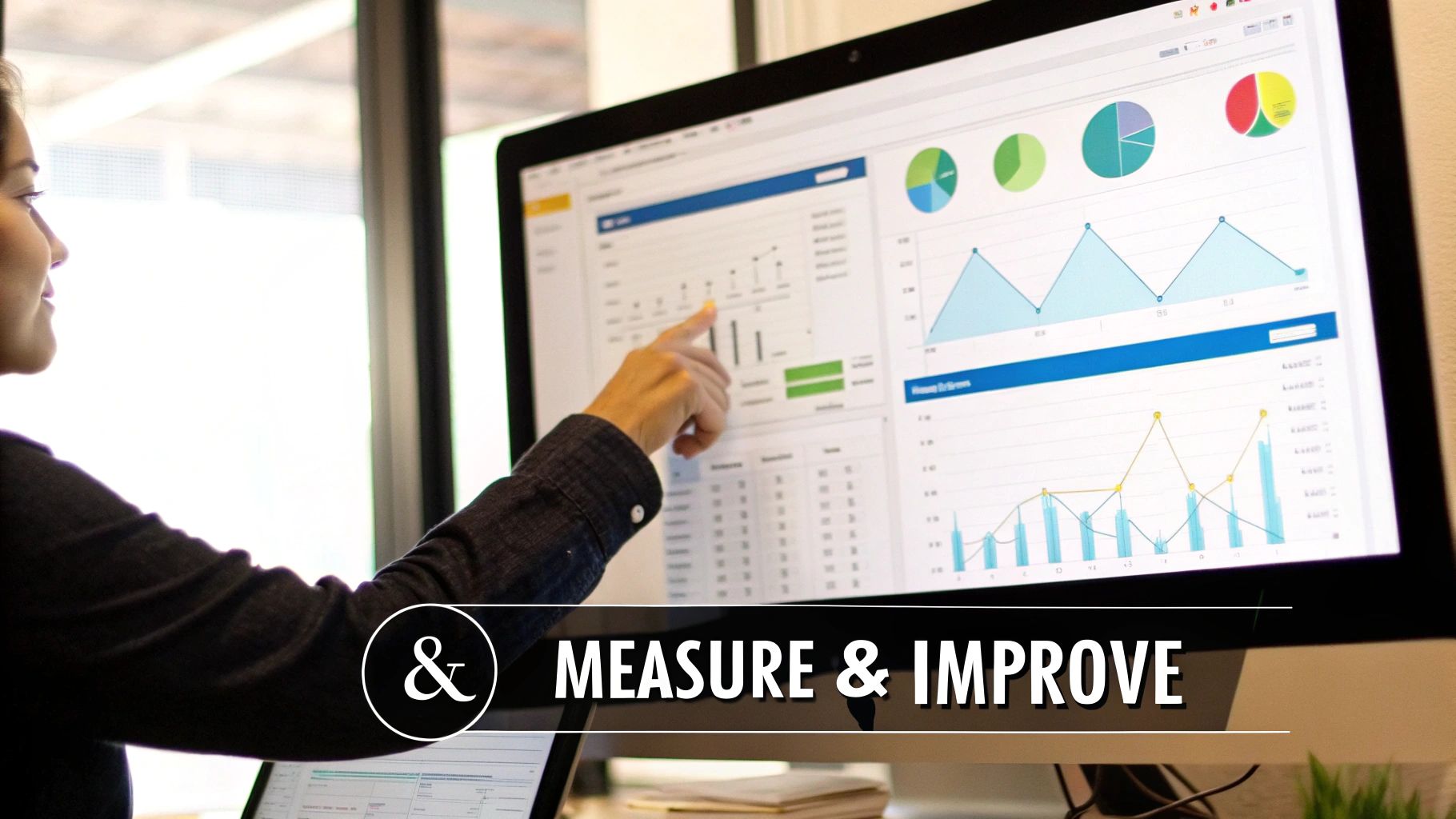 A person points at a computer screen displaying colorful charts and graphs. Text overlay reads "Measure & Improve" in bold. Bright indoor setting.
