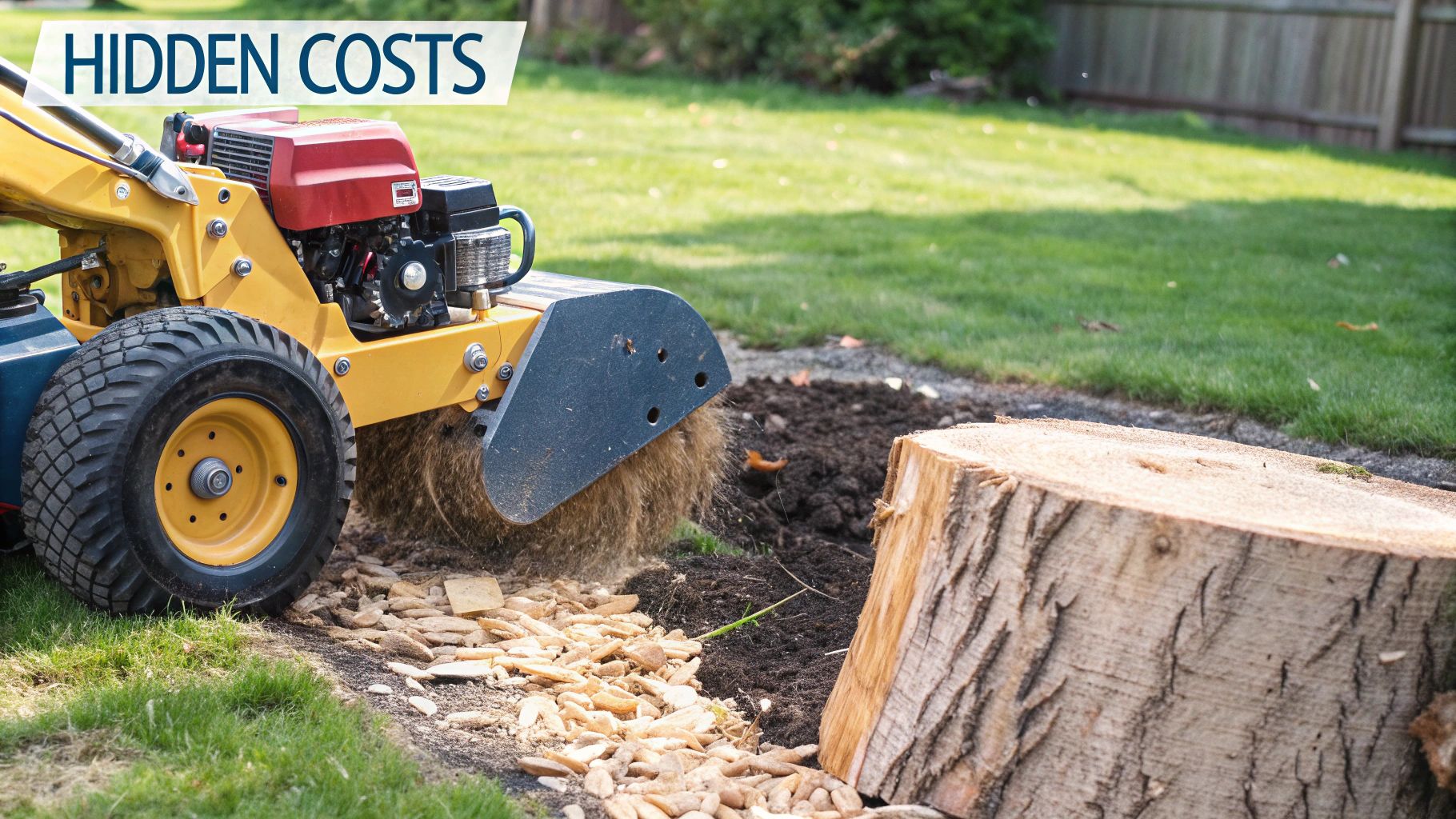 Yellow stump grinder cutting a tree stump in a garden, scattering wood chips. "Hidden Costs" text in background. Sunny day.