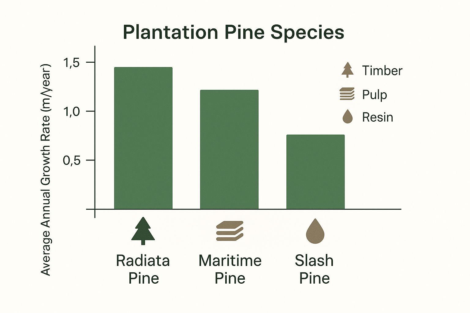 Bar chart showing growth rates of Radiata, Maritime, and Slash Pine. Icons indicate uses: Timber, Pulp, Resin. Green background.