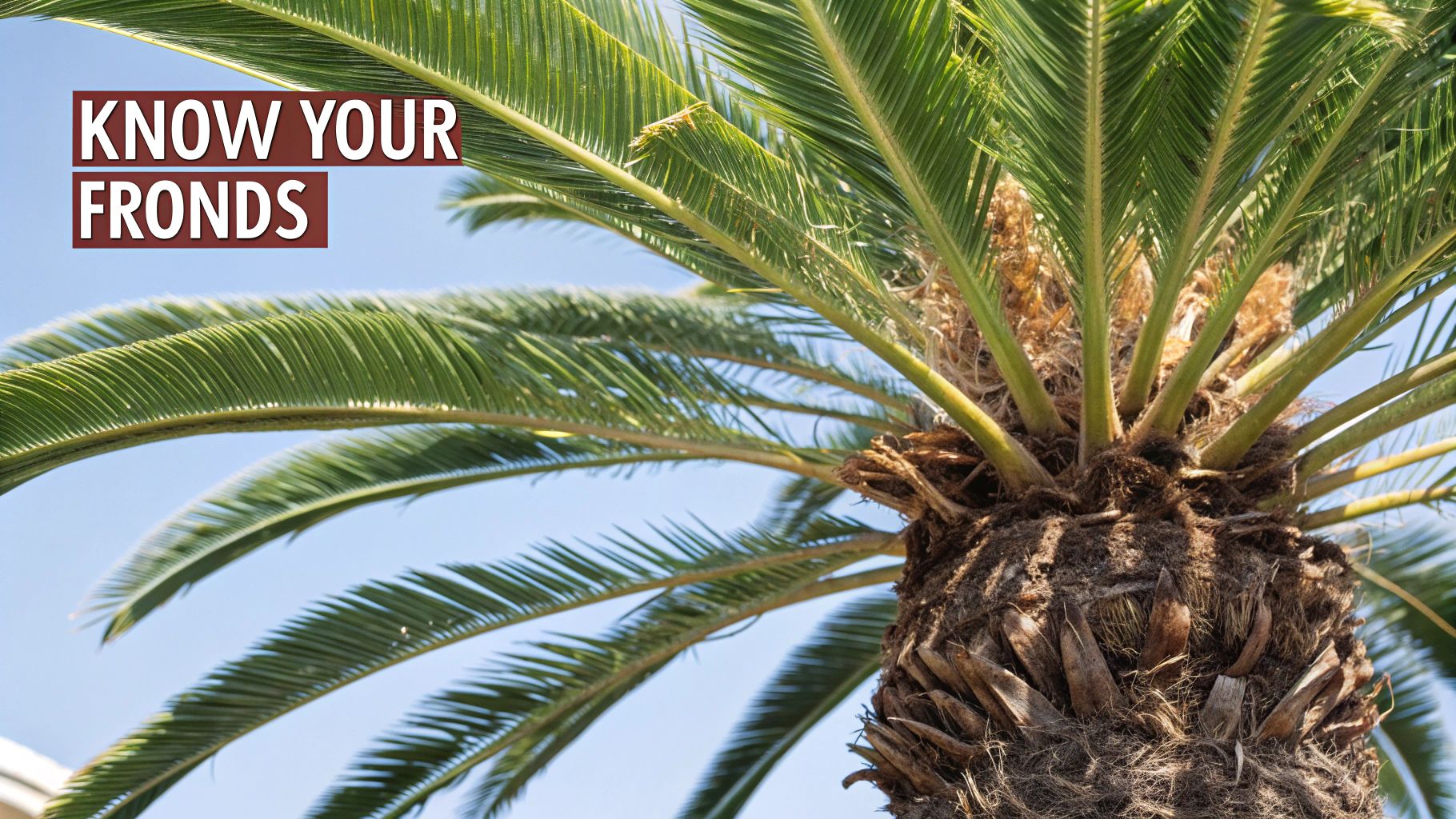 Close-up of a palm tree trunk and fronds against a blue sky. Text saying "Know Your Fronds" is in the upper left corner.