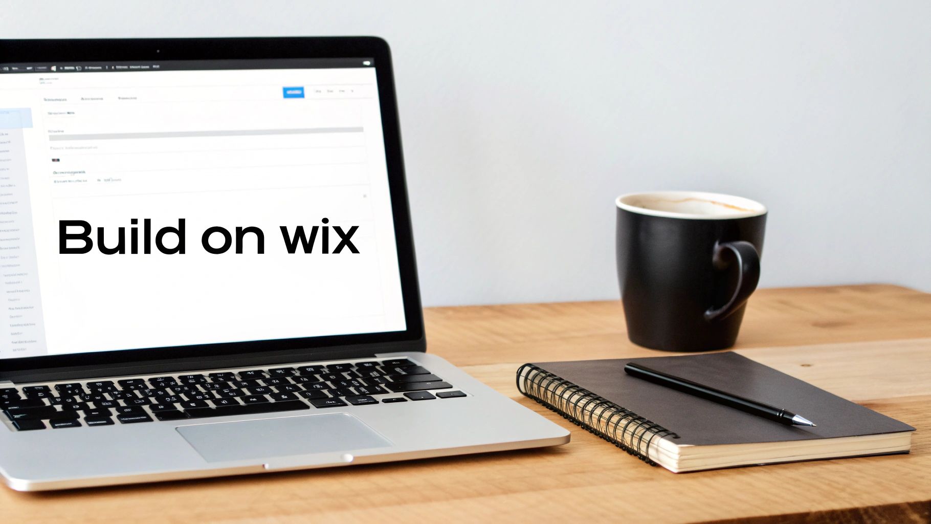 A laptop displaying 'Build on wix' next to a coffee cup and notebook on a wooden desk.