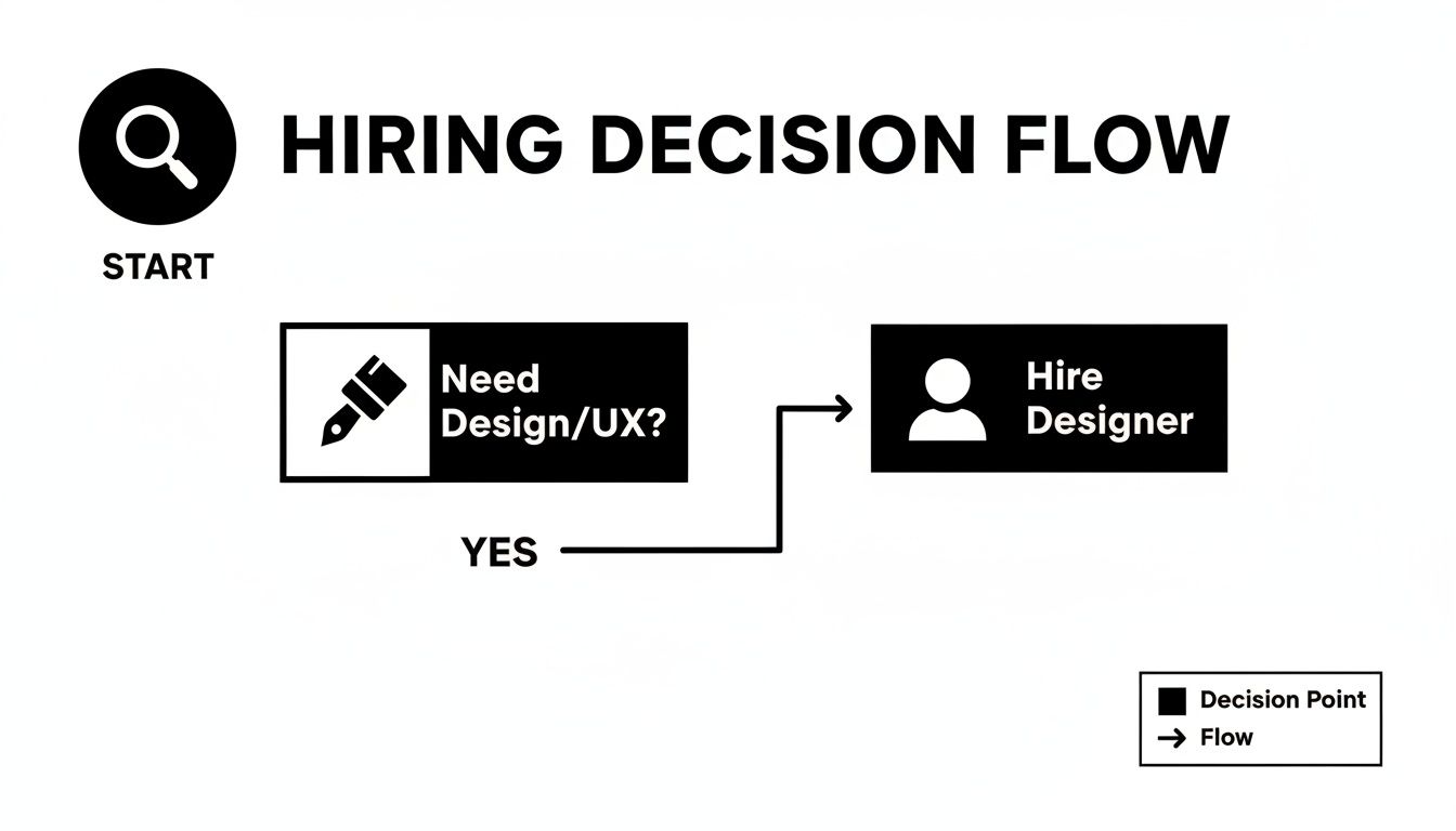 A flowchart titled 'Hiring Decision Flow' shows a process from start to needing design/UX, leading to hiring a designer.