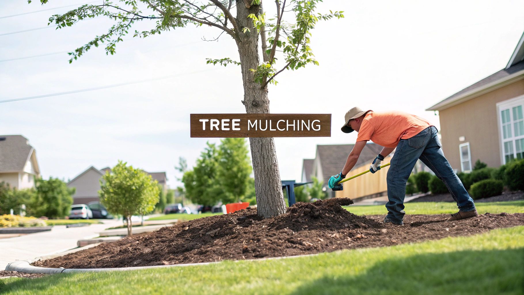 An arborist laying down mulch around the base of a tree