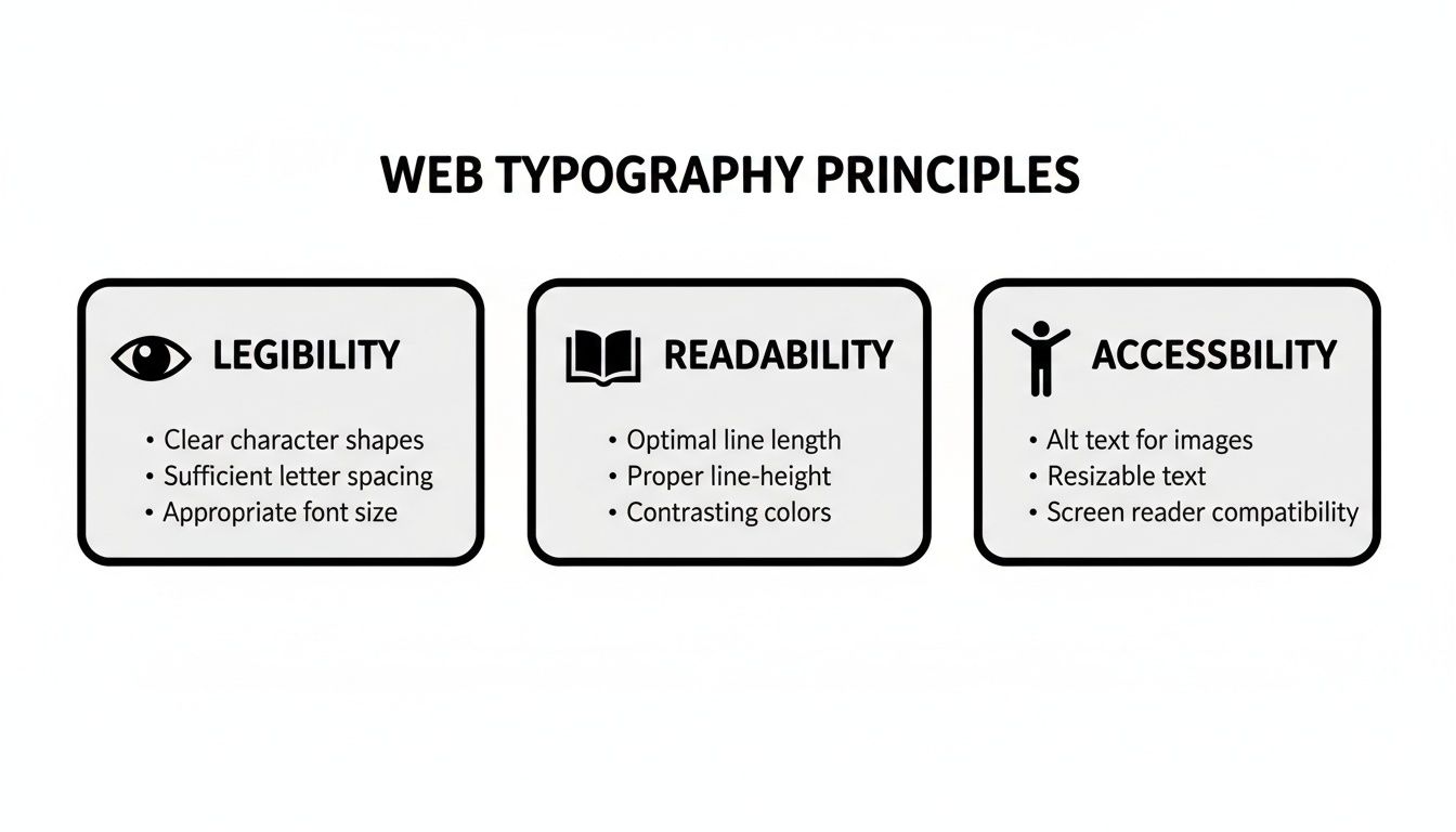 Diagram illustrating web typography principles: Legibility, Readability, and Accessibility, each with key factors.