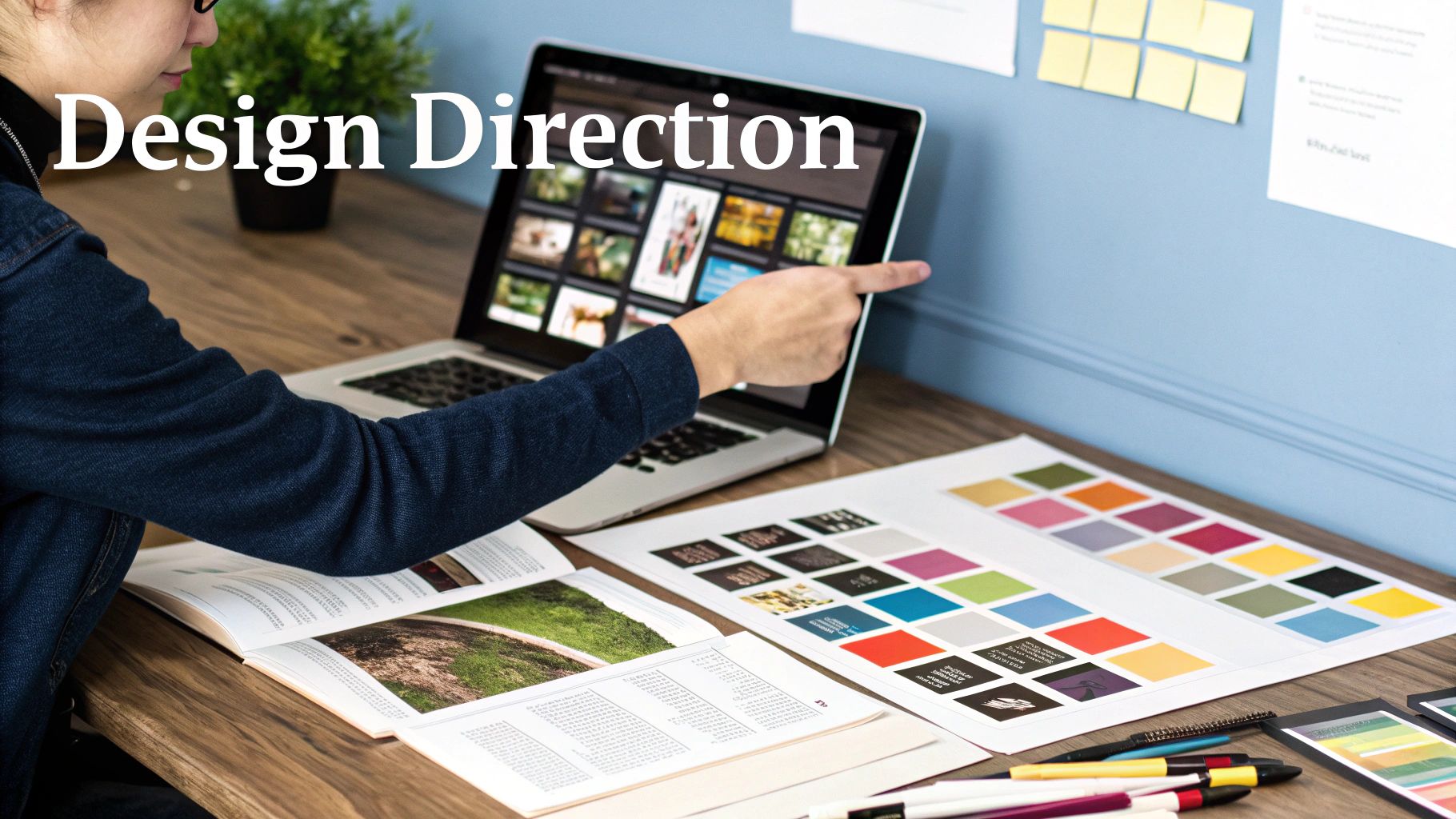 A person points at a laptop screen displaying design options, with color palettes and documents on the desk.