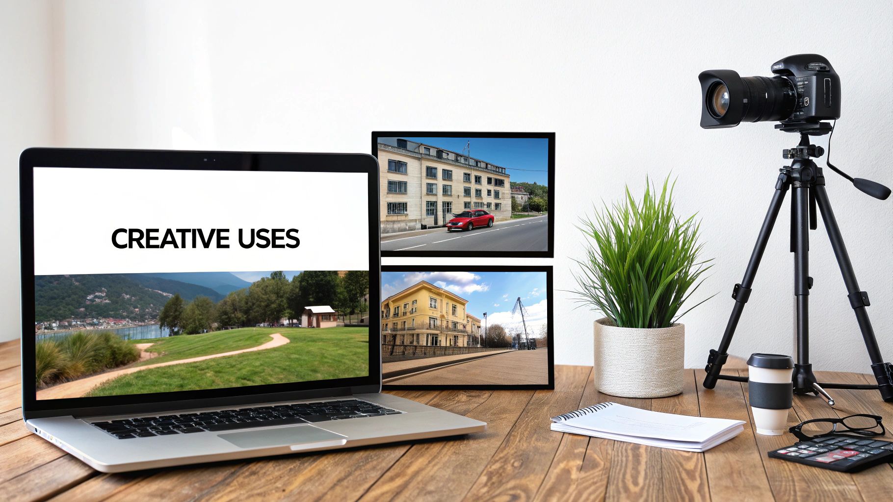 A modern photography workspace with a laptop, camera on tripod, framed images, and desk essentials.