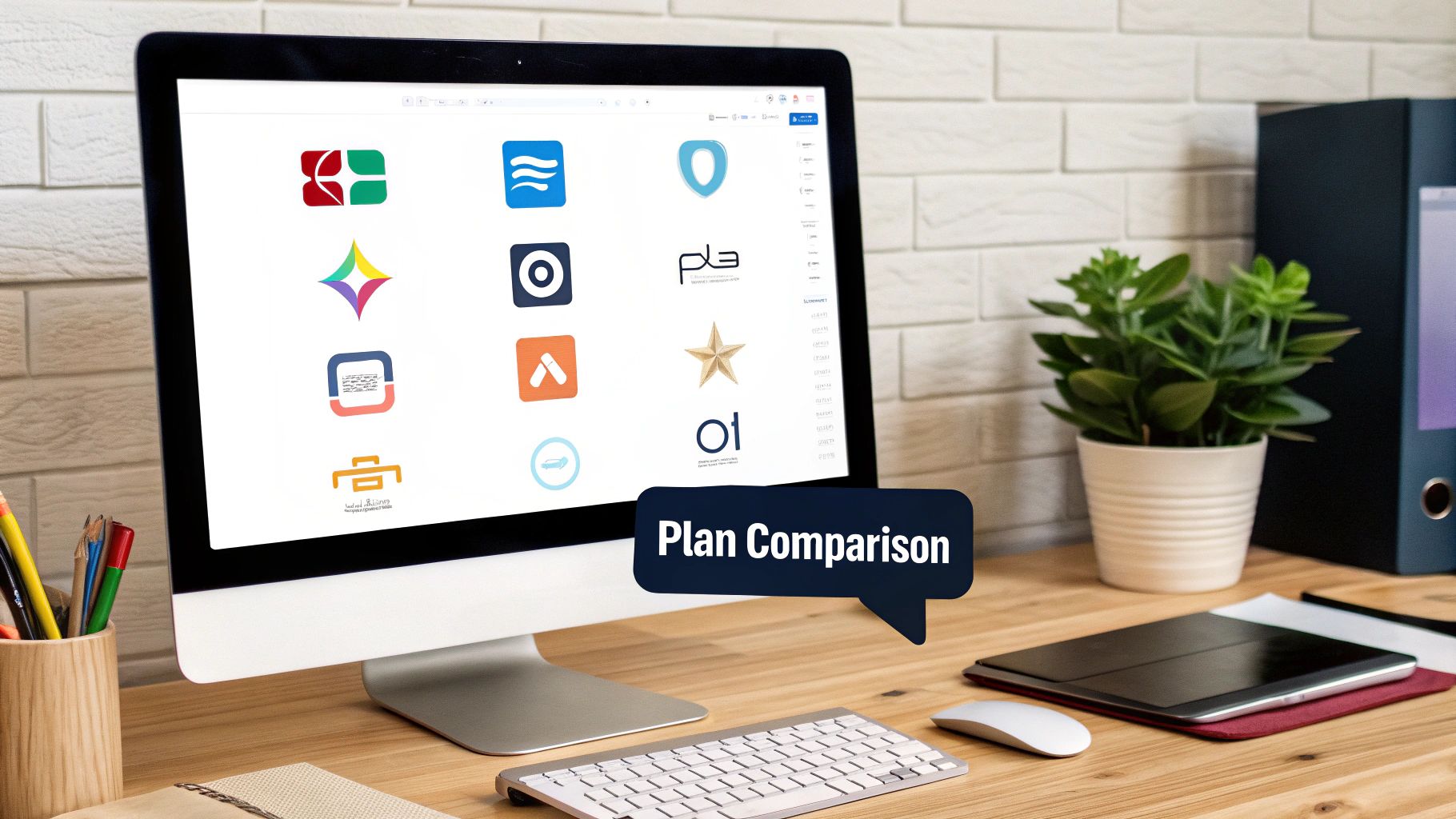 Computer on wooden desk with logos on screen. Text bubble reads "Plan Comparison." Potted plant and stationery on sides, calm setting.