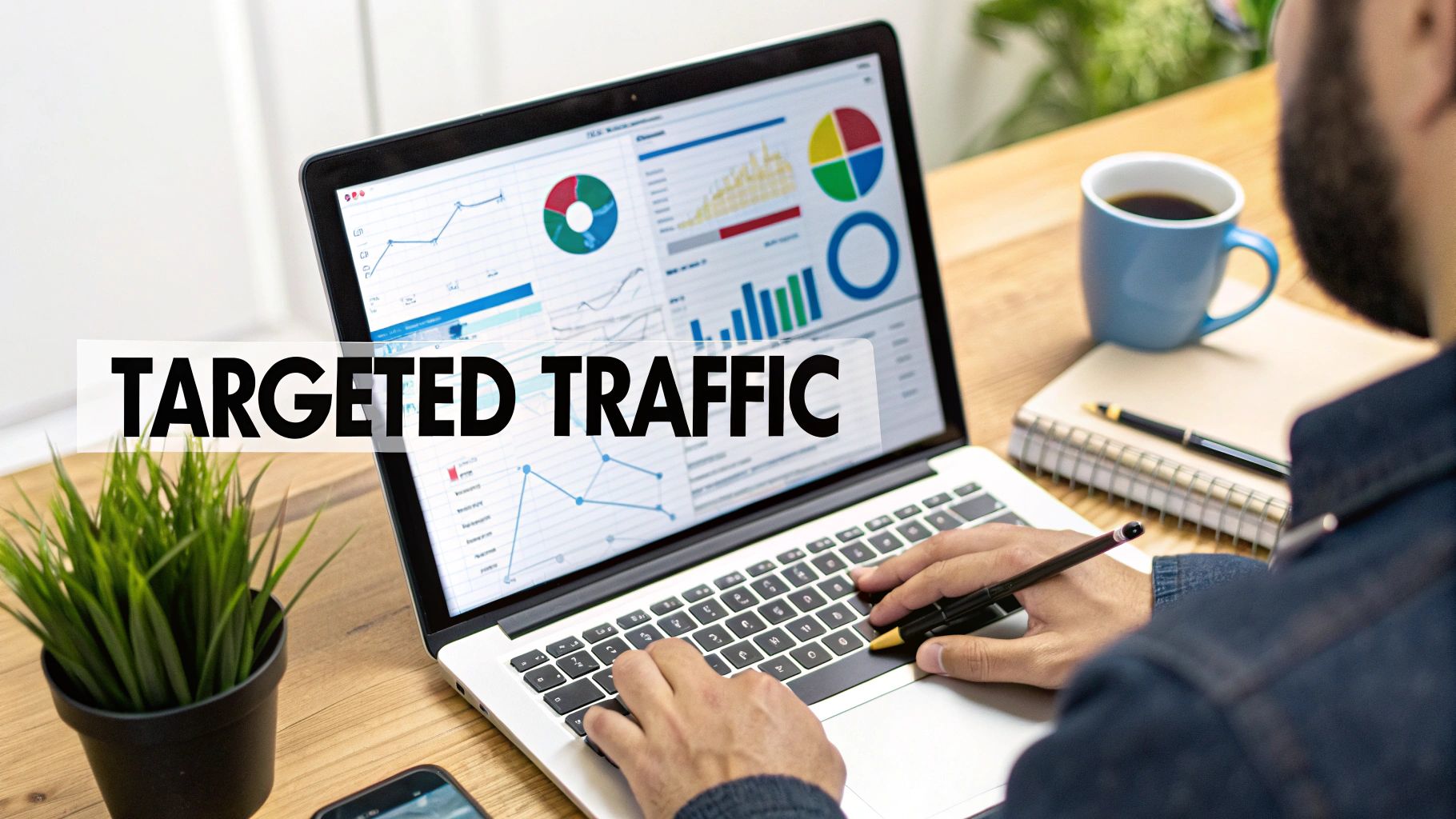 Person analyzing data charts on laptop with "TARGETED TRAFFIC" text. Wooden desk with notebook, pen, plant, and blue cup in background.