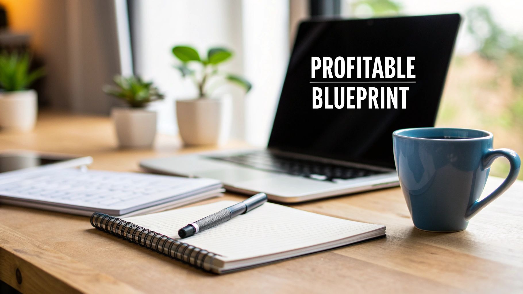 Laptop displaying "Profitable Blueprint" on a desk with a notebook, pen, blue mug, and small potted plants. Bright, peaceful setting.